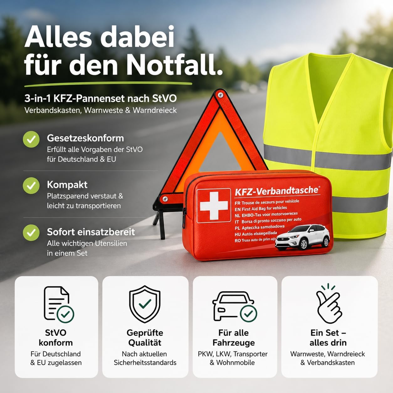 TK Gruppe Timo Klingler 6 in 1 - Kfz-Erste-Hilfe-Set 2022 - Kfz-Verbandkasten Auto - Verbandstasche & Warnweste Pannenweste Unfallweste & Warndreieck - Autozubehör für TÜV – Bild 2