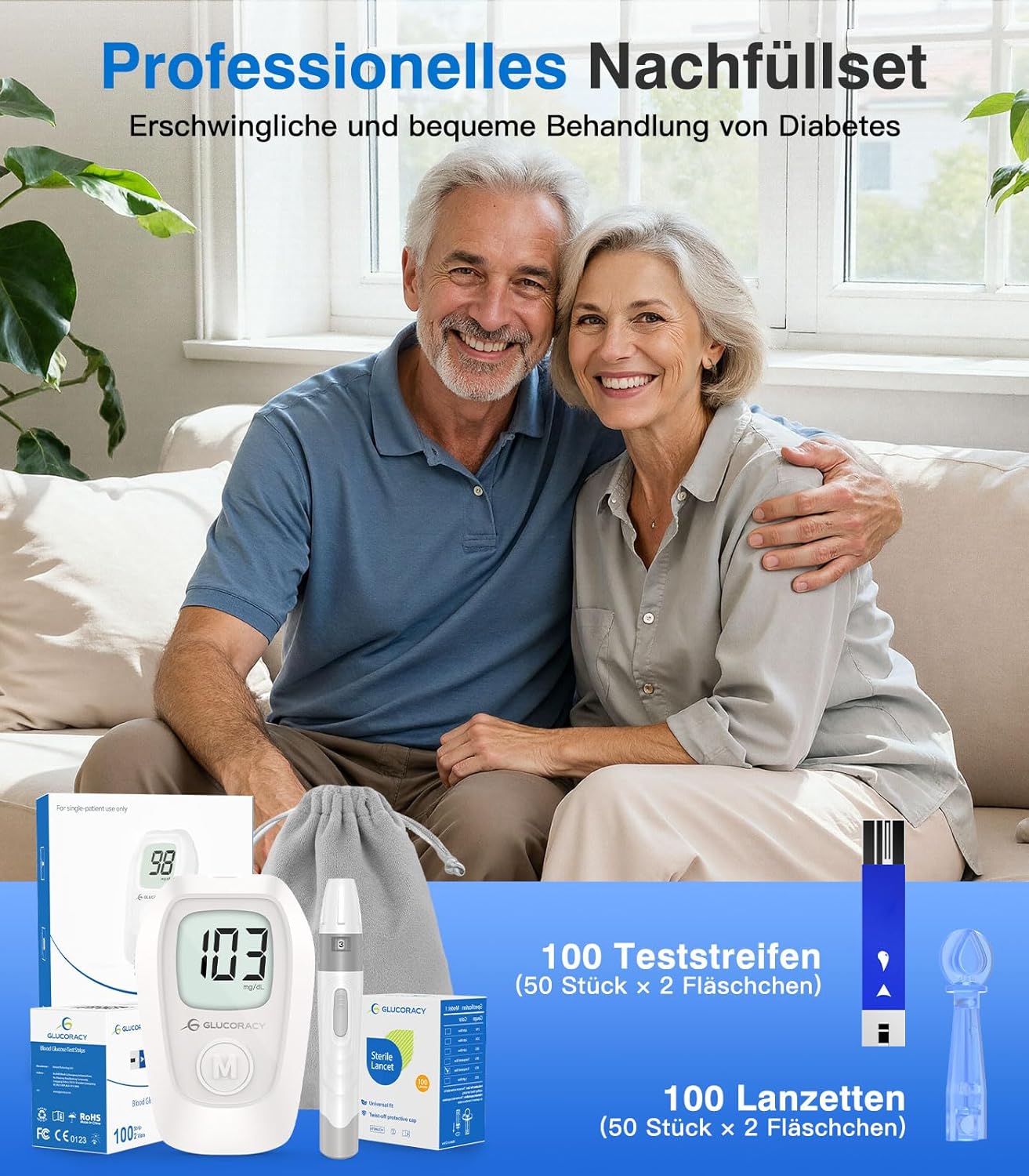 Glucoracy G-425 Blutzuckermessgerät-Kit, Blutzuckertest-Kit mit Stechhilfe, 100 Teststreifen und 100 Lanzetten, Glukosemessgerät für zu Hause, Diabetes-Selbsttest-Kit für den Heimgebrauch – Bild 9