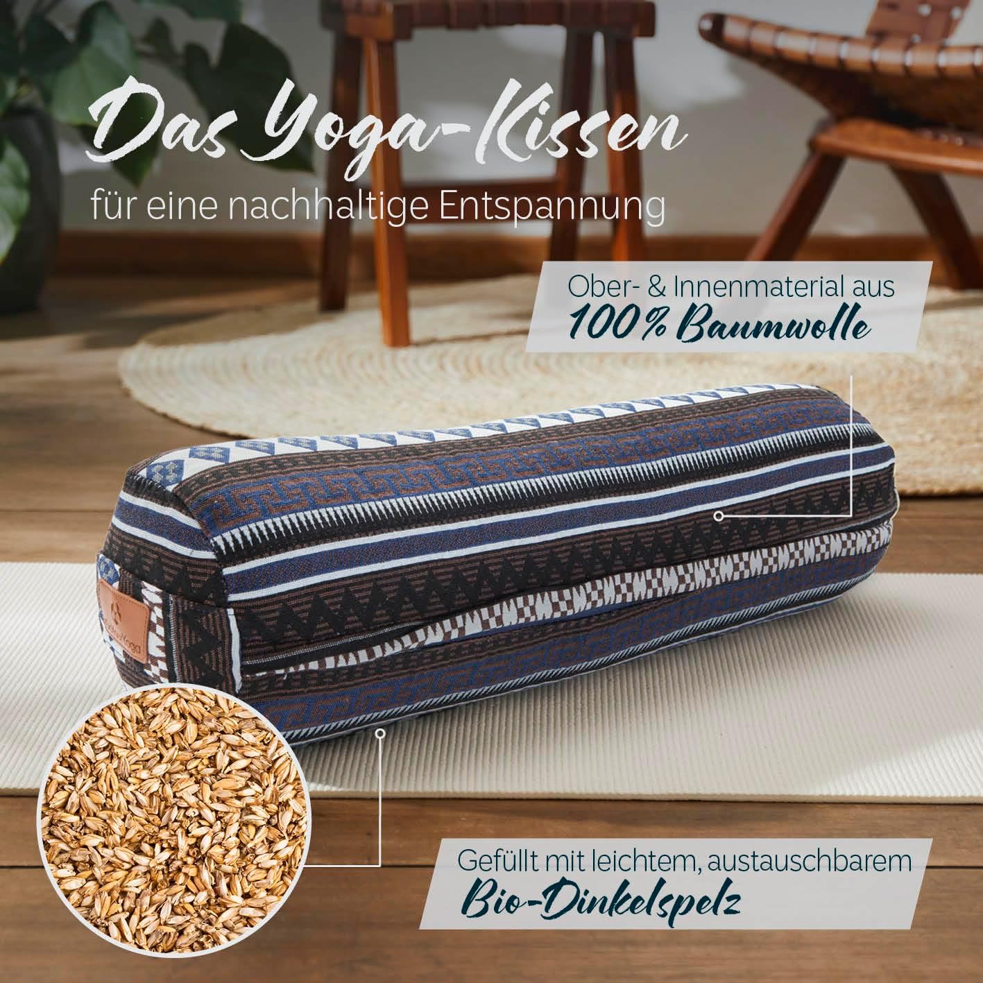 Rundes Yoga Bolster „Krishna“ mit Bio-Dinkelspelz / Länge ca. 68 cm und Durchmesser ca. 22 cm - Yogakissen / Dinkelspelzfüllung / maschinenwaschbar und hautfreundlich / Sitzkissen / Meditation – Bild 2