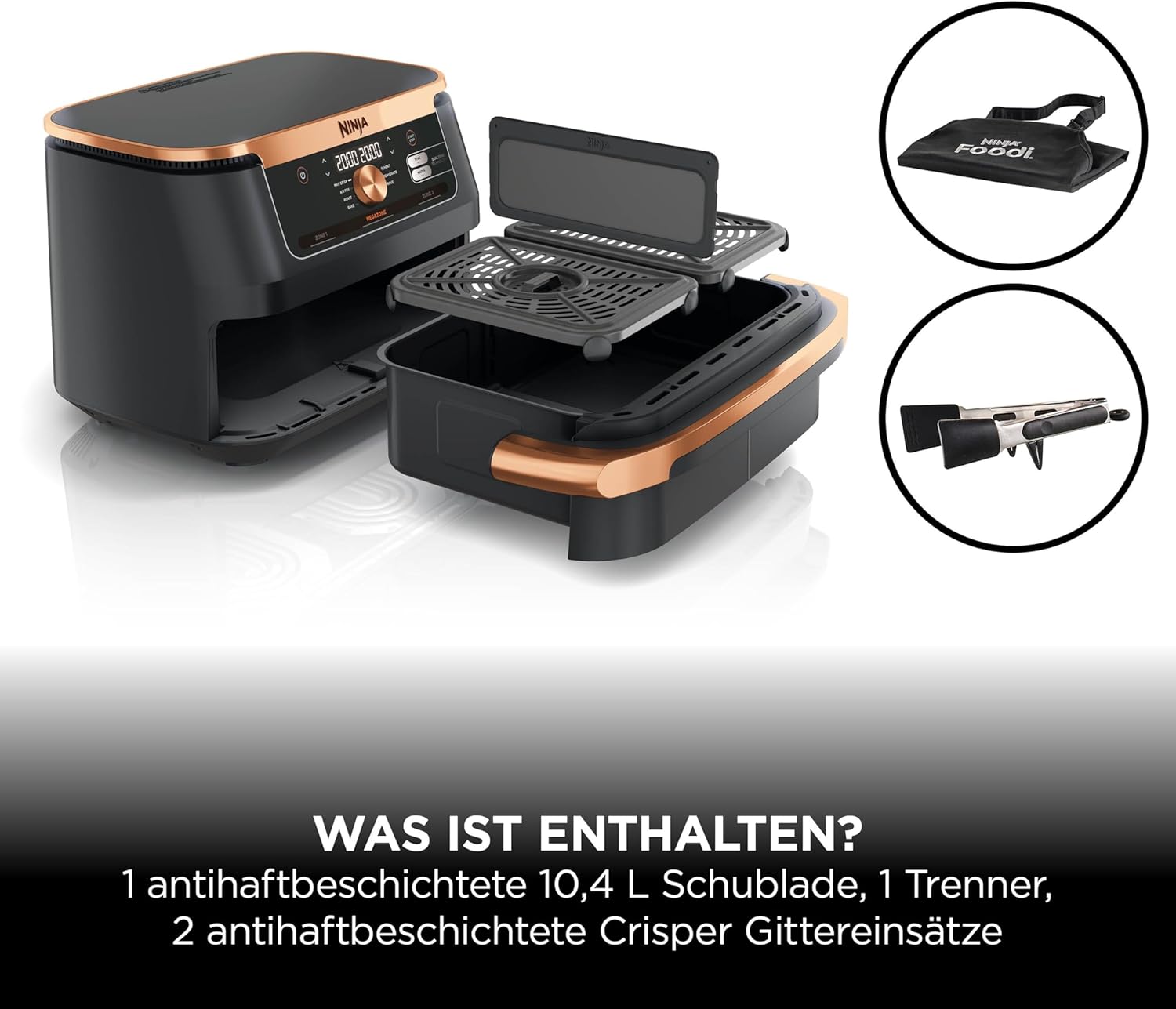 Ninja Foodi FlexDrawer Zweizonen-Heißluftfritteuse, Heißluftfritteuse mit 10,4 Fächern und abnehmbarem Separator, Antihaftbeschichtung, spülmaschinenfester Korb, 7-in-1, Schwarz und Kupfer, AF500EUCP – Bild 13