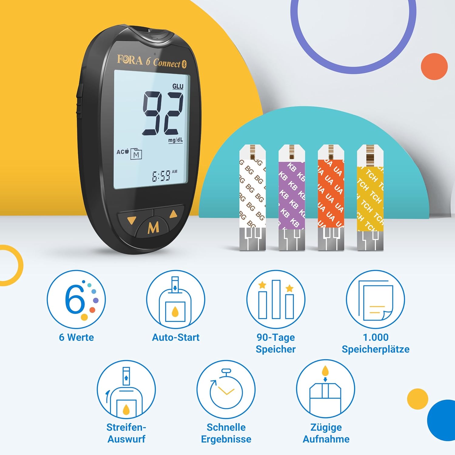 FORA 6 Connect | 4-in-1-Blutzucker-, Keton-, Cholesterin- und Harnsäuremessgerät | Für den Heimgebrauch | Bluetooth & App | Inklusive Teststreifen und Zubehör, schwarz – Bild 7