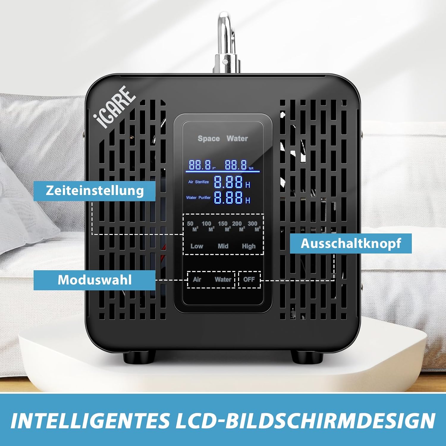 Smarter Ozongenerator 60000 mg/h mit 2 Modi, digitaler Ozongenerator für Wasser und Luft, Ozongerät mit 120-Minuten-Timer für 300㎡, Geruchskiller für Auto, Rauch, Haustiergerüche, Küchengerüche – Bild 6
