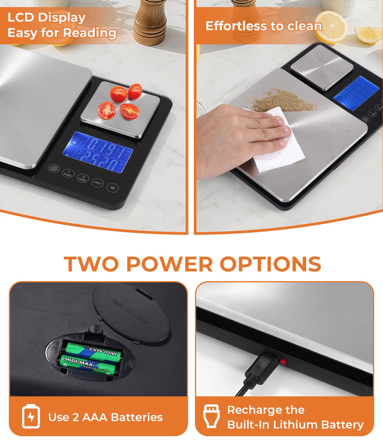 Doppelplattform-Digitalwaage (10 kg/1 g & 500 g/0,01 g), USB-Aufladung und Batteriebetrieb, Edelstahl, Tara-Funktion, LCD-Display, 7 Gewichtseinheiten, ideal zum Backen und Kochen – Bild 5
