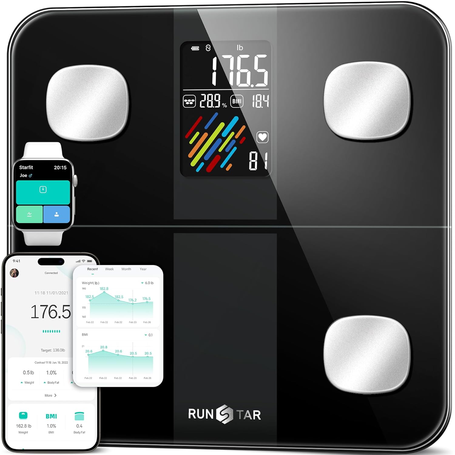 RunSTAR Körperfettwaage mit hoher Genauigkeit, digitale Personenwaage mit großem Display, Personen für 15 Körperzusammensetzungsmetriken, mit App-Synchronisierung, 180 kg/400 lb, Schwarz