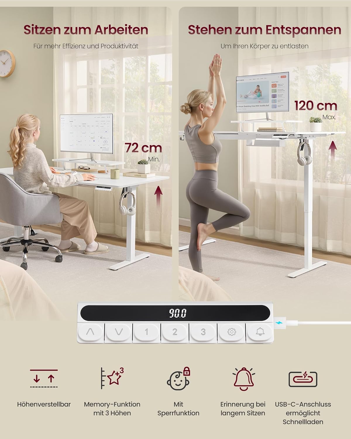 VASAGLE höhenverstellbarer Schreibtisch, 140 x 70 cm, flexible Halterung, Monitorständer, Schublade, USB-C-Anschluss, sitzende Erinnerung, Office Cloud, Weiß LSD154WB01 – Bild 6