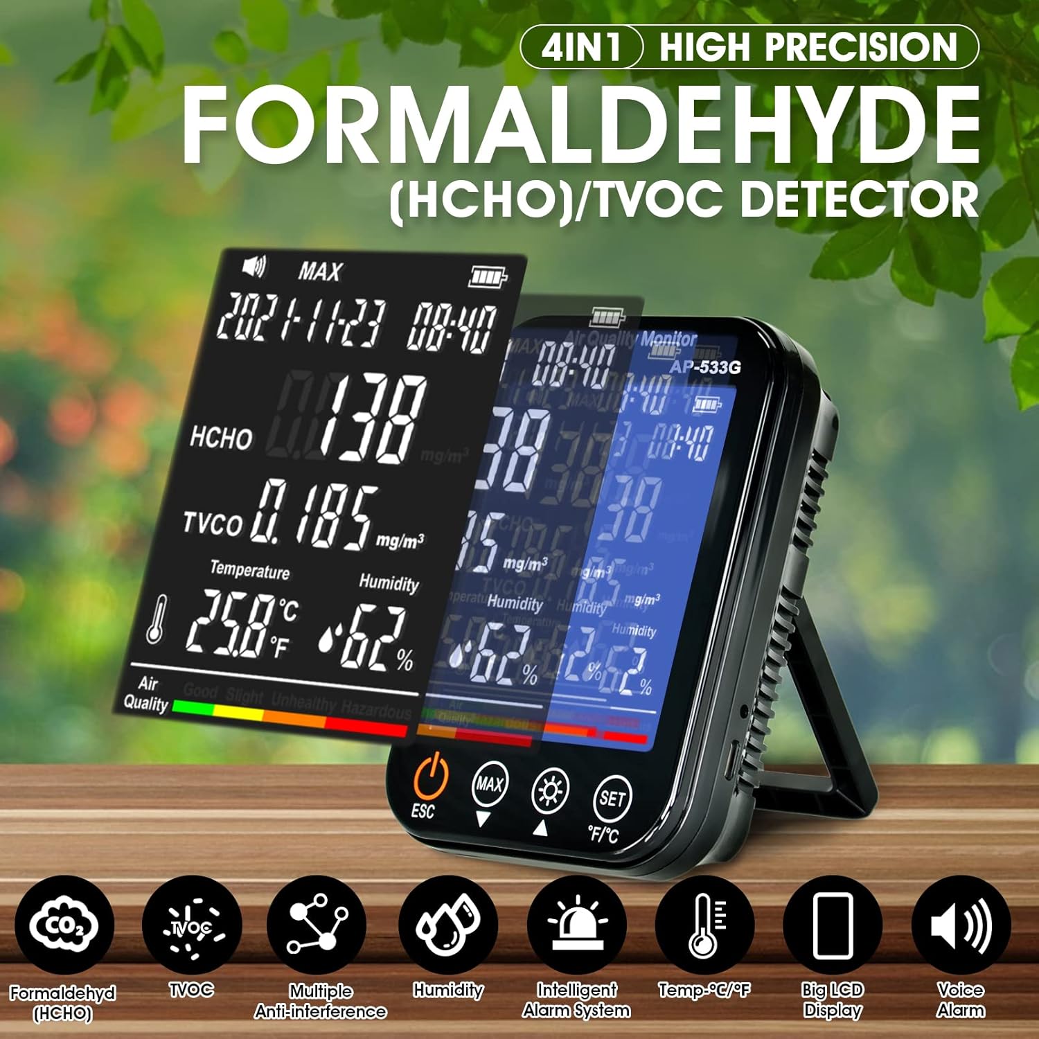 Formaldehyd-Detektor, Lufttests, genauer Test für Formaldehyd (HCHO)/TVOC, Professional 4-i-1 für Inomhusbruk Med Formaldehyd, TVOC, Temperatur (°F/°C), Überprüfung für Hemmakontor UK-AP-533G – Bild 2