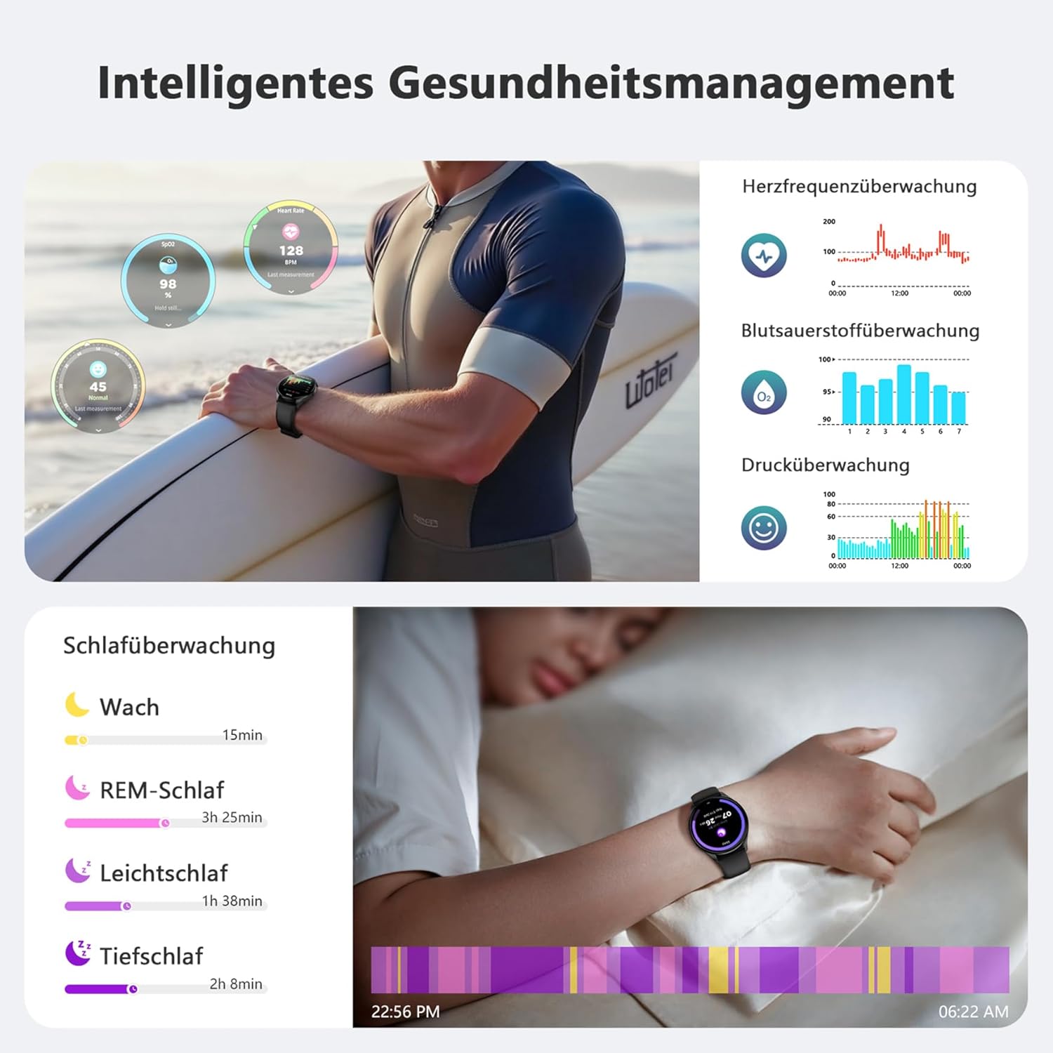 Blackview Smartwatch Herren Damen AMOLED-Bildschirm Virtuelle Always-On-Uhr Aktivieren/Empfangen Sportuhr mit Puls Schlaf SpO2 Schritte Kalorien Kilometer 2 Armbänder (Silikon/Nylon) für Android iOS – Bild 5