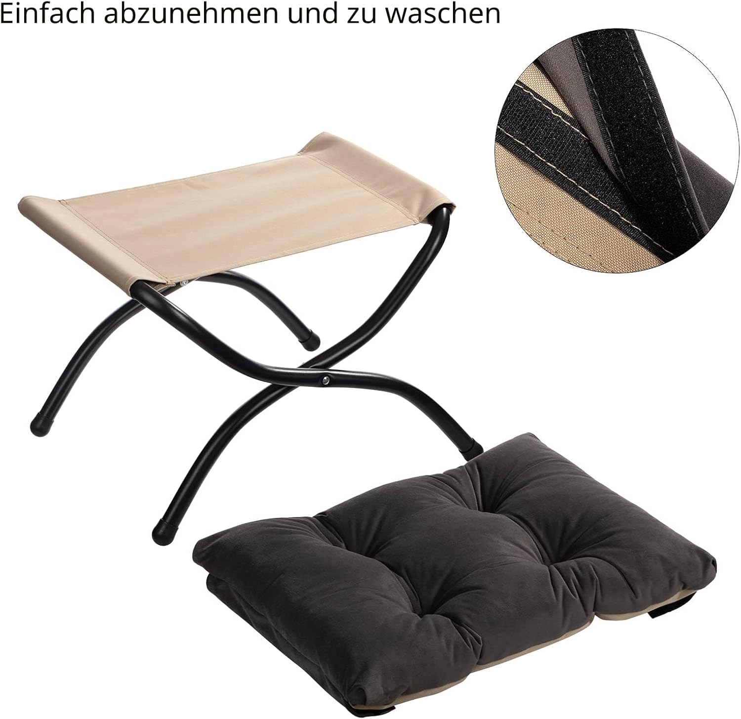 HollyHOME Fußhocker, faltbar, Fußstütze, Fußstütze, faltbarer Hocker mit Metallbeinen, Fußhocker mit abnehmbarem, gepolstertem Sitz, Samt, für drinnen und draußen, dunkelgrau – Bild 4