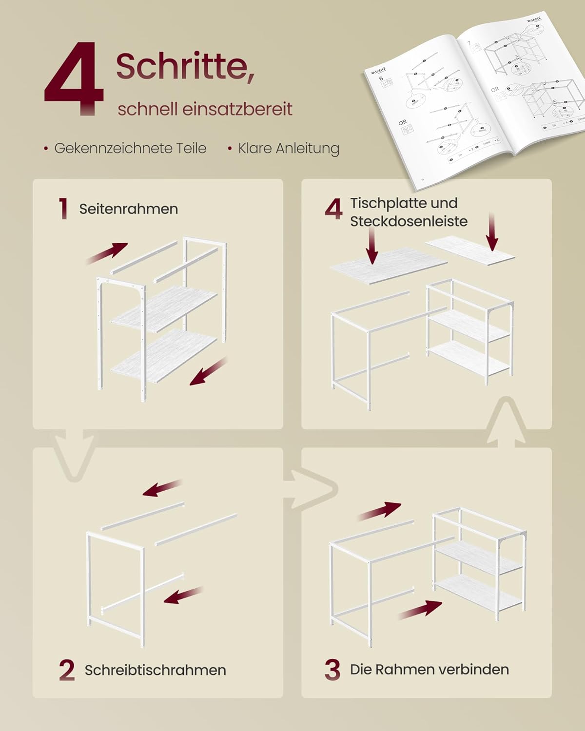 VASAGLE LWD136WF01 Eckschreibtisch, L-förmiger Computertisch mit Stauraum, Büroschreibtisch, höhenverstellbare Ablage für Heimbüro, 120 x 80 cm, Ahornweiß – Bild 7