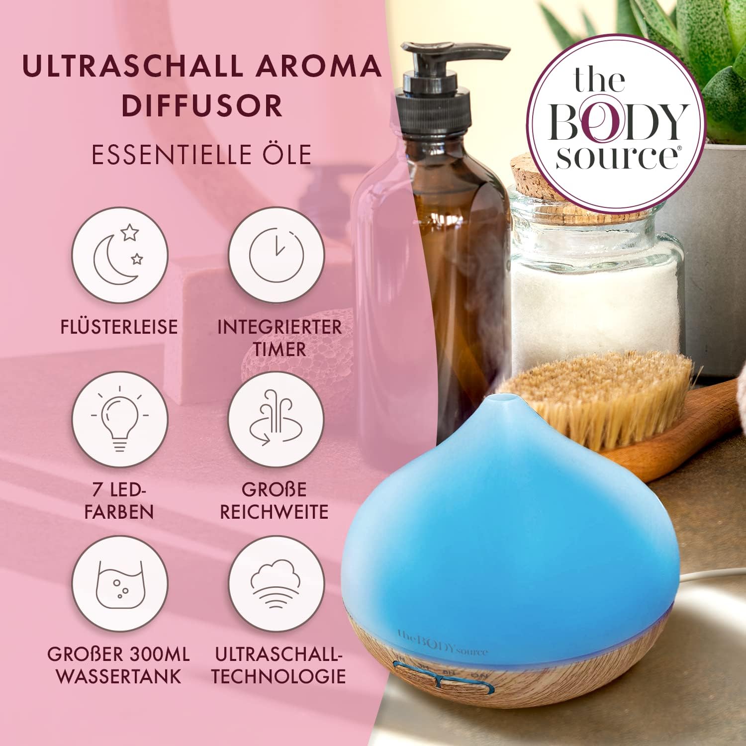 The Body Source 300 ml Ultraschall-Aroma-Diffusor – Luftbefeuchter mit 7-Farben-LED-Licht und Timer – Elektrischer Ölbrenner für ätherische Öle – Aromatherapie für Zuhause, Büro, Spa – Bild 2