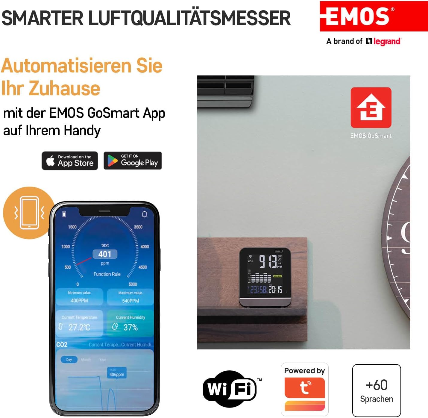 EMOS GoSmart – Smart Home Luftqualitätsmonitor mit App – WLAN – Farbdisplay – CO2-Messgerät – Temperatur- und Luftfeuchtigkeitssensor – USB-C-Netzteil – TUYA, SmartLife-kompatibel – Schwarz – Bild 4