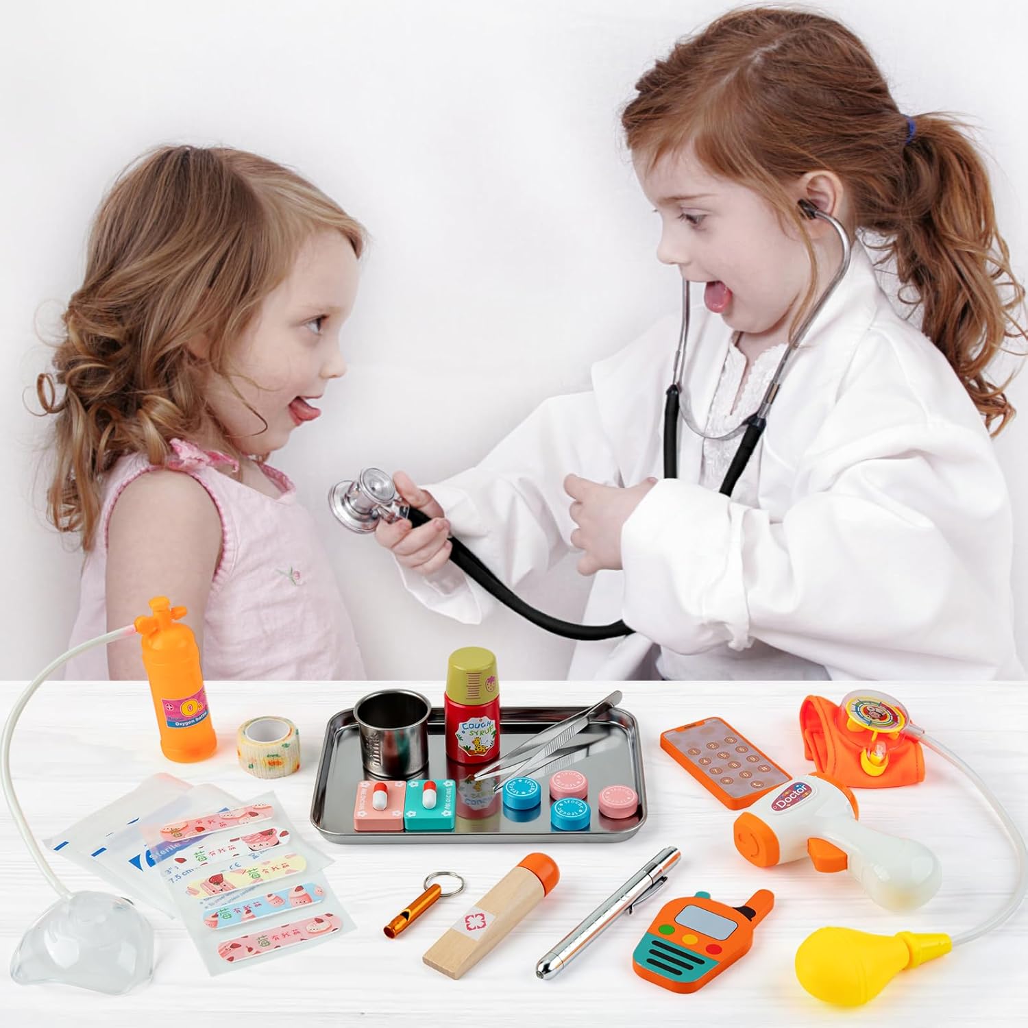 EFO SHM Kinder-Arztkoffer aus Holz, 34-teiliger Arztkoffer, Kinder mit Stethoskop, Spritze, Thermometer, tragbare Arzttasche, Rollenspiel, Kinderarztspiele Spielzeug ab 3 Jahren – Bild 6