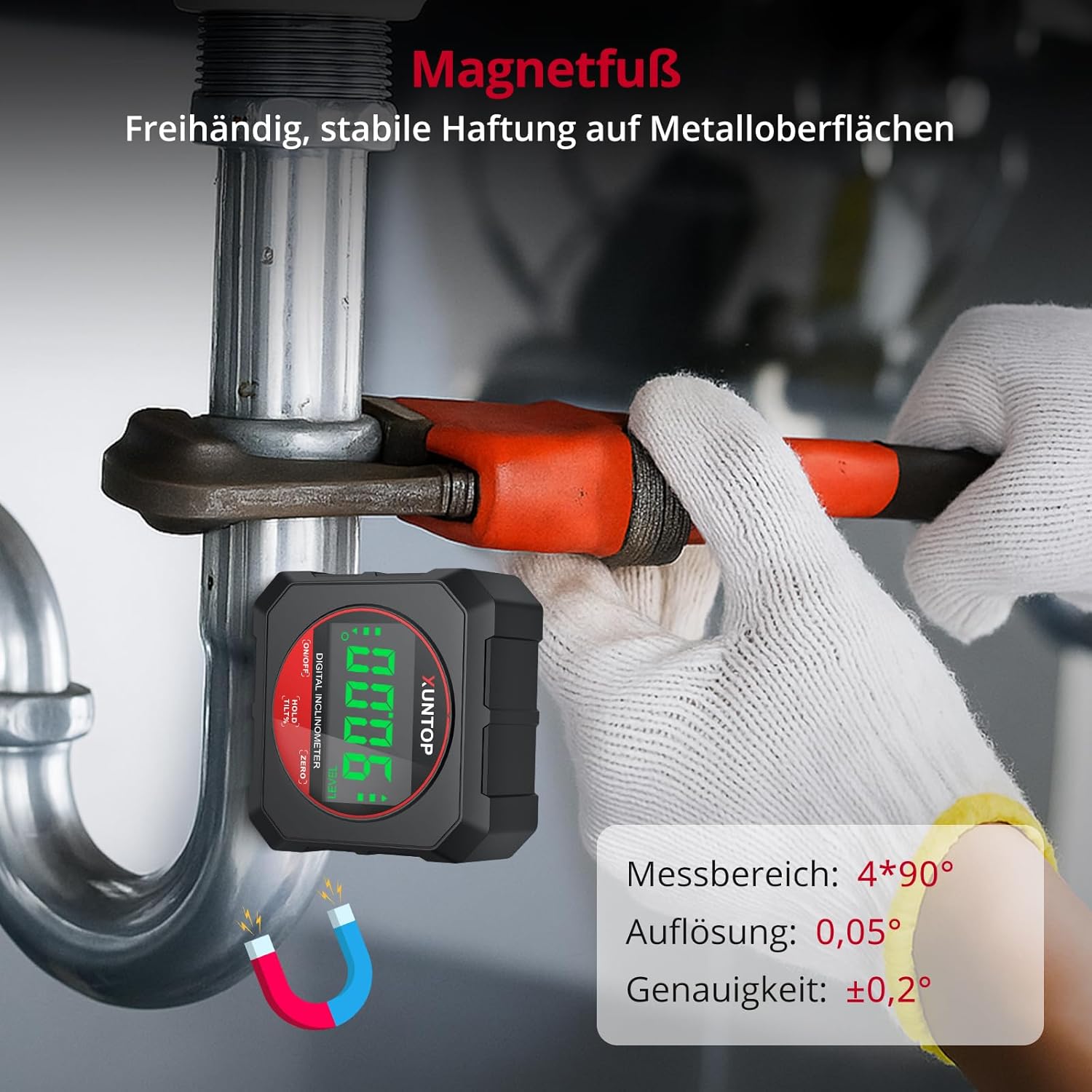 XUNTOP Neigungsmesser Digitaler Winkelmesser Neigungsmesser Messbereich 4 x 90°, 0,05° Auflösung mit Magnetfuß für Holzbearbeitung, Werkstätten, Außenbereich – Bild 4