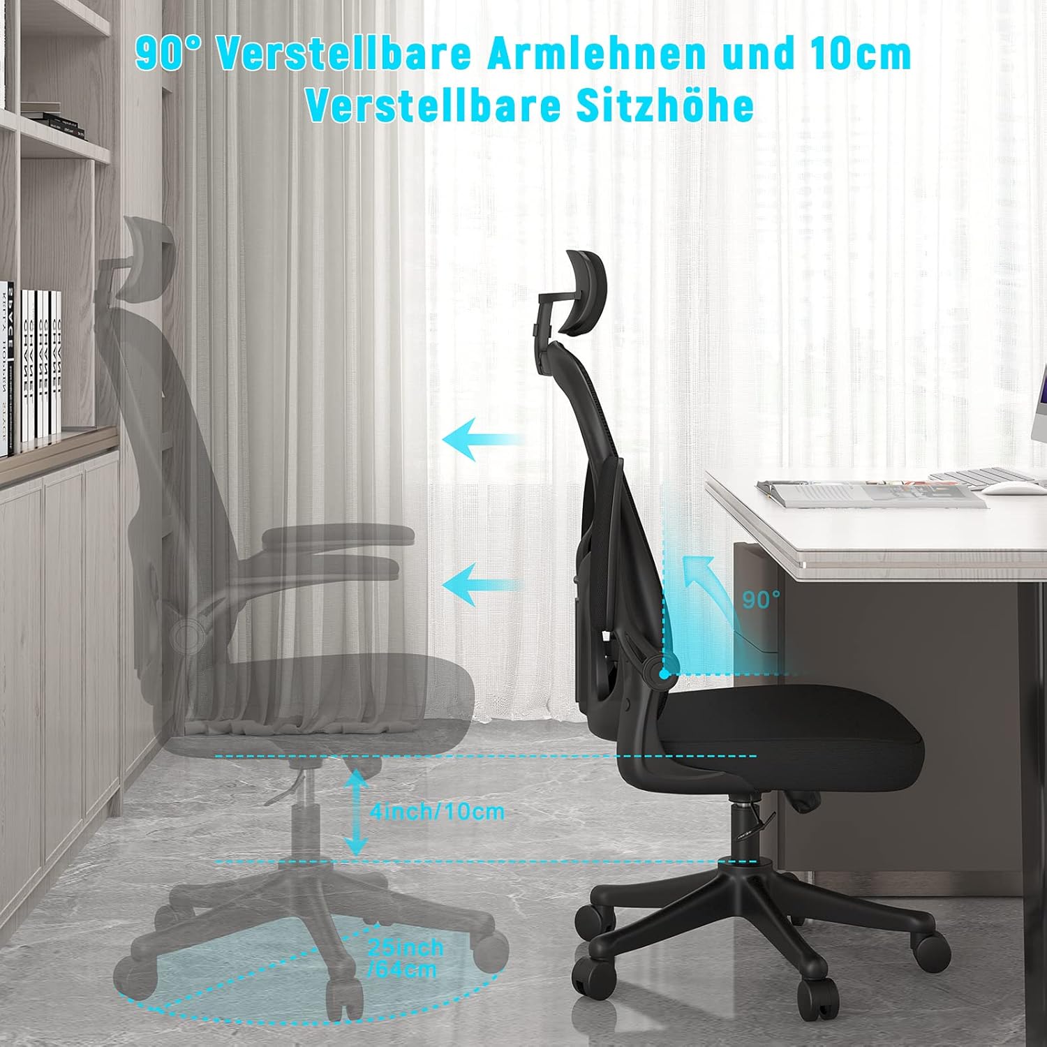 naspaluro Ergonomischer Bürostuhl mit atmungsaktivem Netzbezug, Schreibtischstuhl mit verstellbaren Armlehnen, Kopfstütze, Lordosenstütze, Rückenlehne, Höhenverstellung, 360°-Drehstuhl, Dunkelschwarz – Bild 7