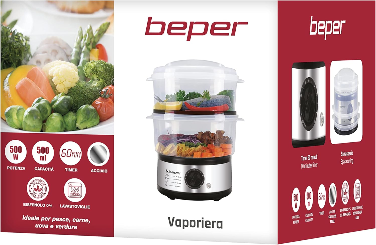 Beper – 5 l Multifunktions-Dampfgarer, kompakte Aufbewahrung, 60-Minuten-Timer, Leistung 400–500 W, – Silber und Schwarz – Bild 12