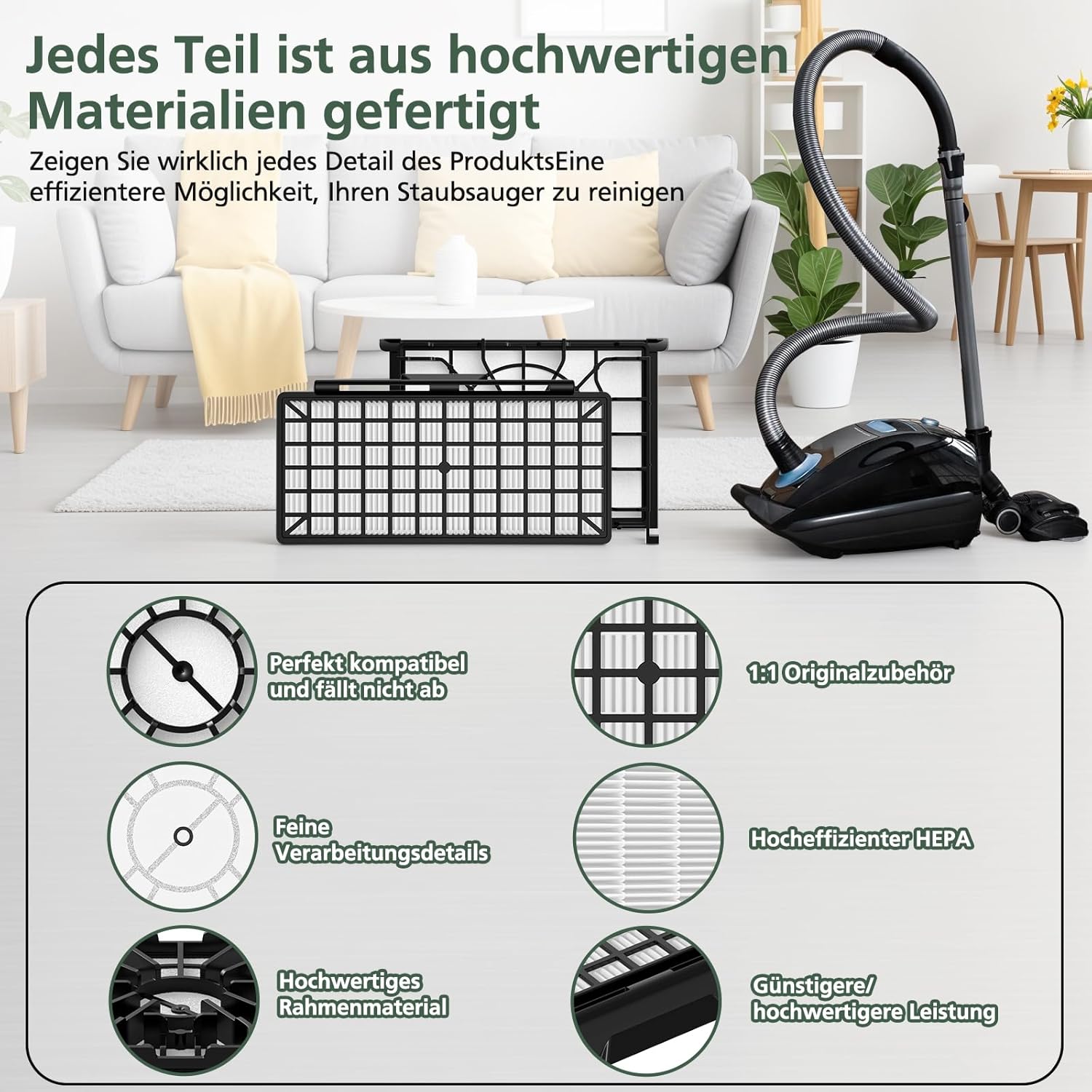 Ersatzfilterzubehör für Siemens Staubsauger Q5.0 Extreme SilencePower VSQ5X1230, 2 Filter + 2 Motorfilter kompatibel mit Siemens Staubsauger VZ154HFB / VZ02MSF / VSQ5X12M1 – Bild 6