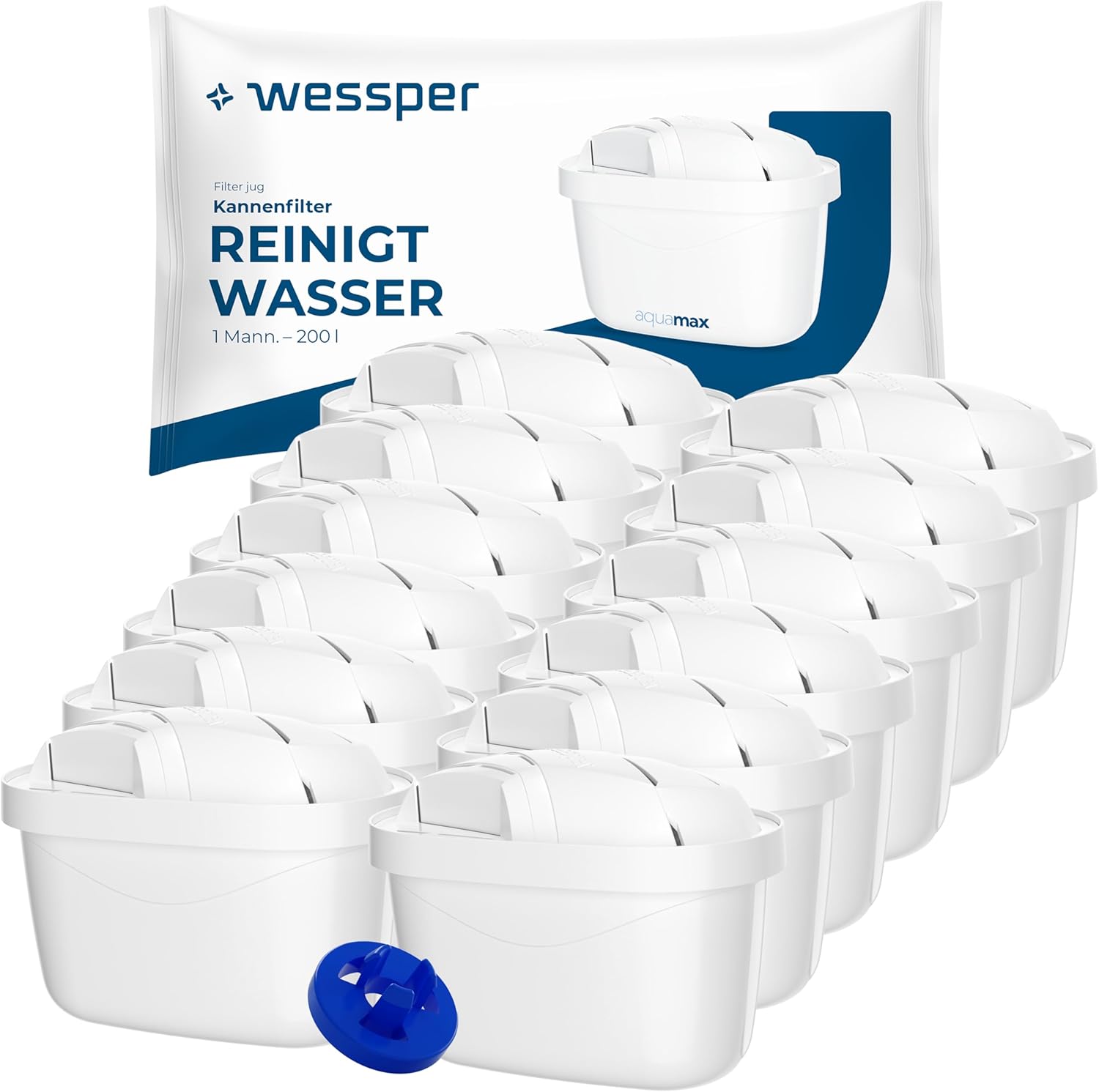 Wessper Wasserfilterkartusche, Filter mit Aktivkohle und Ionenaustauschharz, zusätzlicher PIN kompatibel mit Brita Krug, Ersatzfilter für Krug von Dafi, Wessper, Aquaphor, Philips – 12 Stück