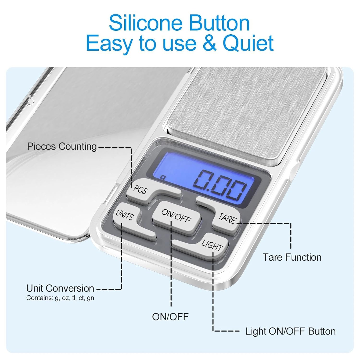 Gvolatee Digitalwaage Hochpräzise 500g / 0,01g Küchenwaage Digitale Lebensmittelwaage Edelstahl Haushaltswaage mit LCD-Display und Tarafunktion Taschenwaage für Schmuck, Lebensmittel, Kaffee – Bild 3