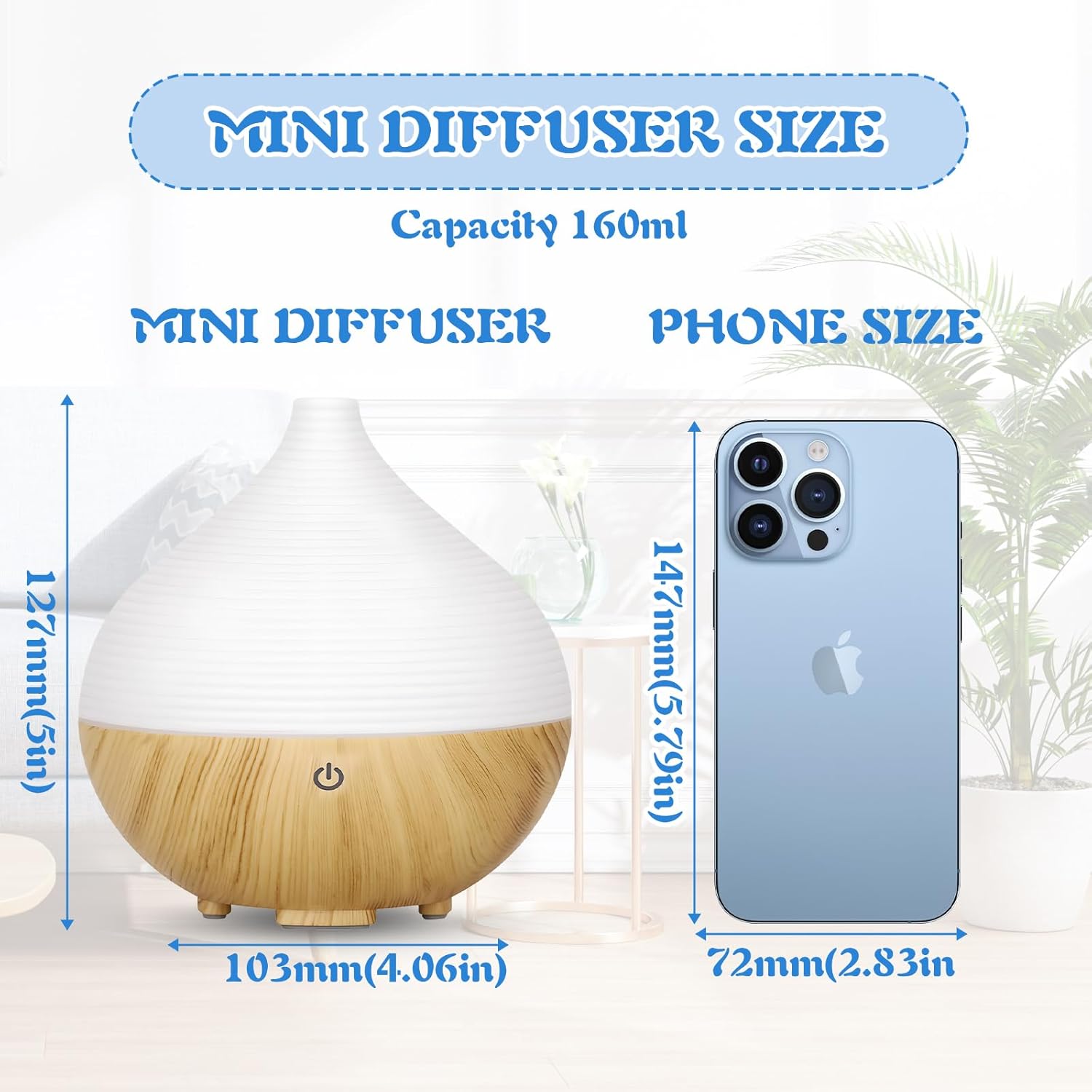 Aromadiffusor, 160 ml, kleiner Ultraschall-Aromatherapie-Diffusor für ätherische Öle, Holzmaserungsdiffusor, automatische Abschaltung bei Wasserlosigkeit, 7 Farben LED für Zuhause, Büro oder – Bild 2
