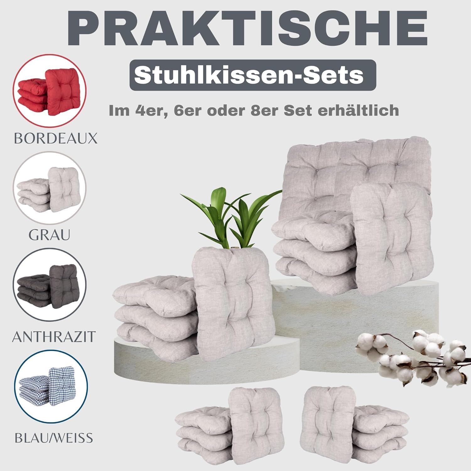 HLKauf 4er-Set graue Sitzkissen, 36 x 36 x 6 cm, weiche Kissen, für Garten, Camping, Gastronomie oder Bistro, Öko-Tex und hergestellt in der EU – Bild 5