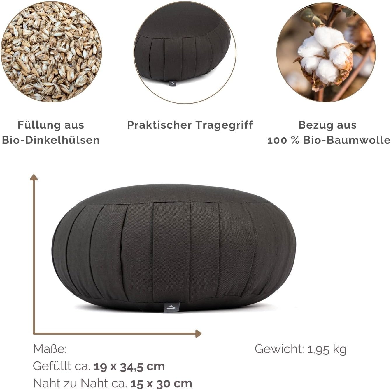 Bodhi Zafu Eco Meditationskissen, klassisches traditionelles Yogakissen rund mit Dehnfalten, Bezug aus 100 % Bio-Baumwolle, hohes Yoga-Sitzkissen mit Bio-Dinkelfüllung, Sitzhöhe 19 cm – Bild 3