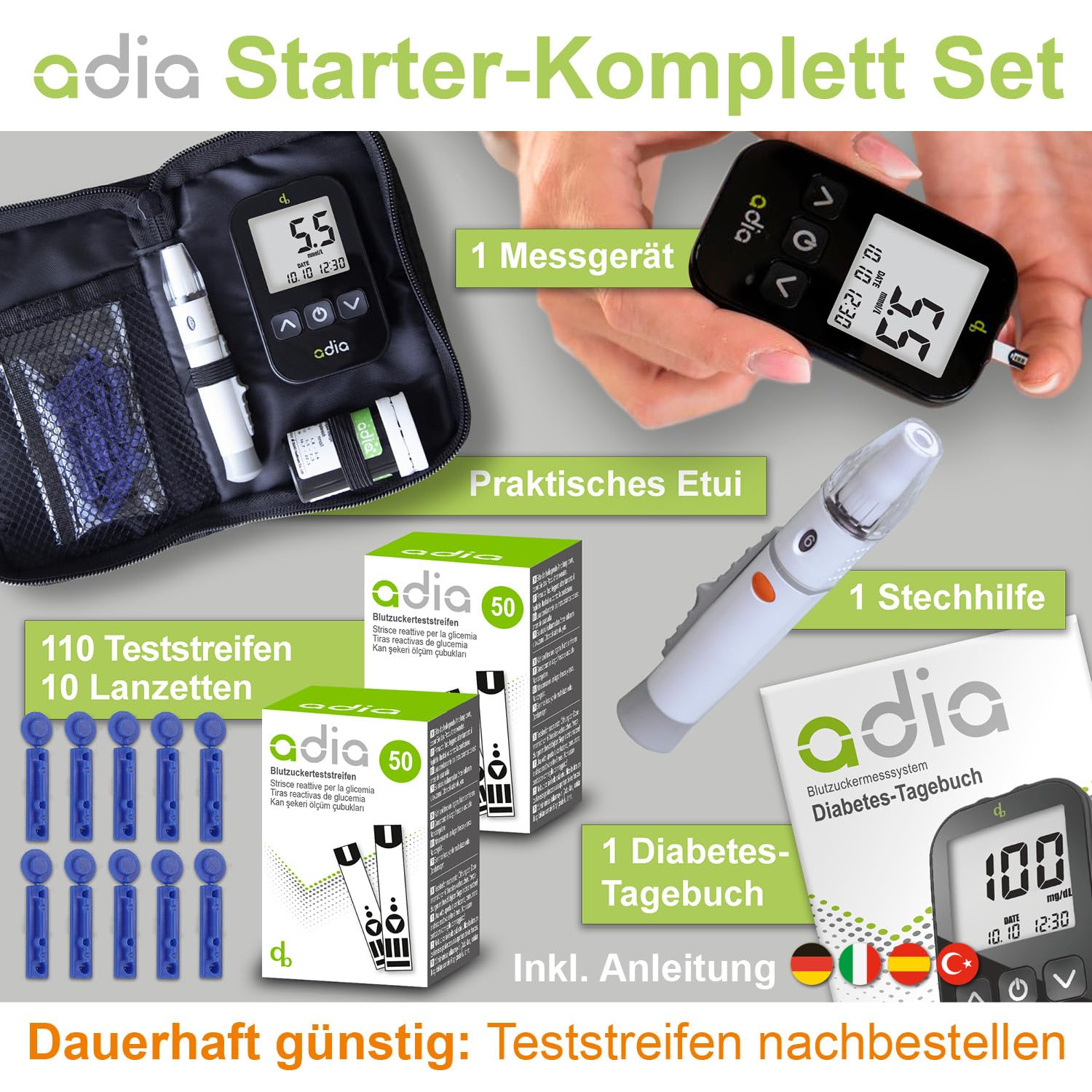 adia Blutzuckermessgerät (mmol/L, internationale Einheit) + 110 Blutzucker-Teststreifen, 10 Lanzetten, Stechhilfe & Koffer – Vorteilsset zur Blutzucker-Selbstkontrolle bei Diabetes – Bild 2