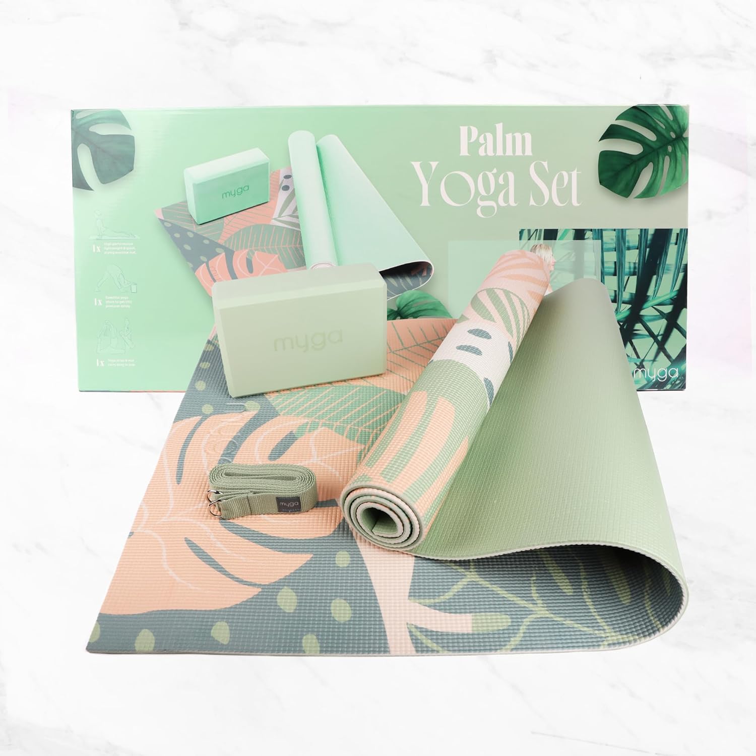 Myga Yoga Starter Kit, Komplettset mit Yogamatte, Yogablock & Gurt, rutschfest & unterstützend, ideal für Anfänger & Zuhause sowie auf Reisen, verschiedene Druckdesigns – Bild 2