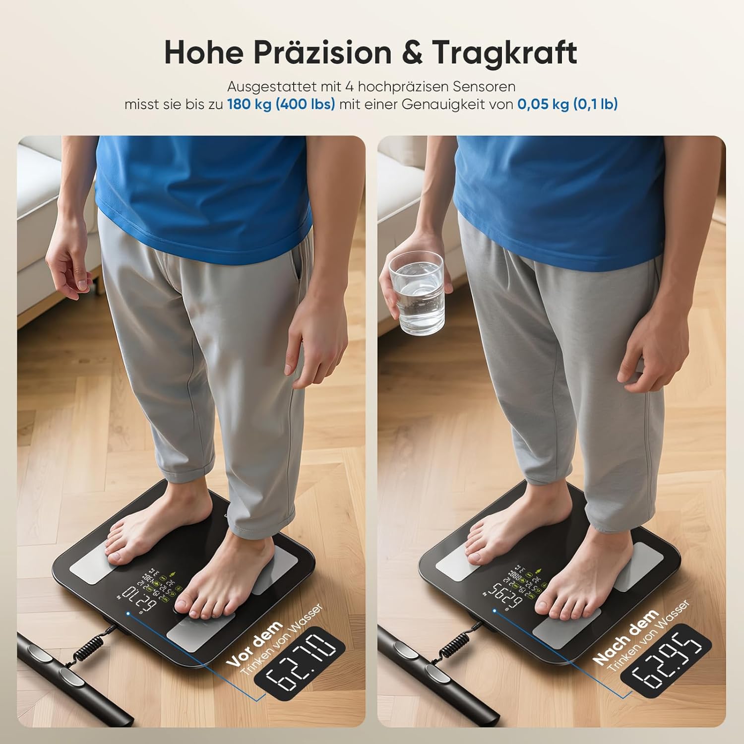 Personenwaage, Körperfettwaage, intelligente Personenwaage, digital, 28 Messwerte, 8 Elektroden, Dual-Frequenz-BIA-Körperwaage, VA-Display, Körperwaage, digital, Bluetooth, kompatibel mit iOS/Android, 180 kg/400 lbs – Bild 6