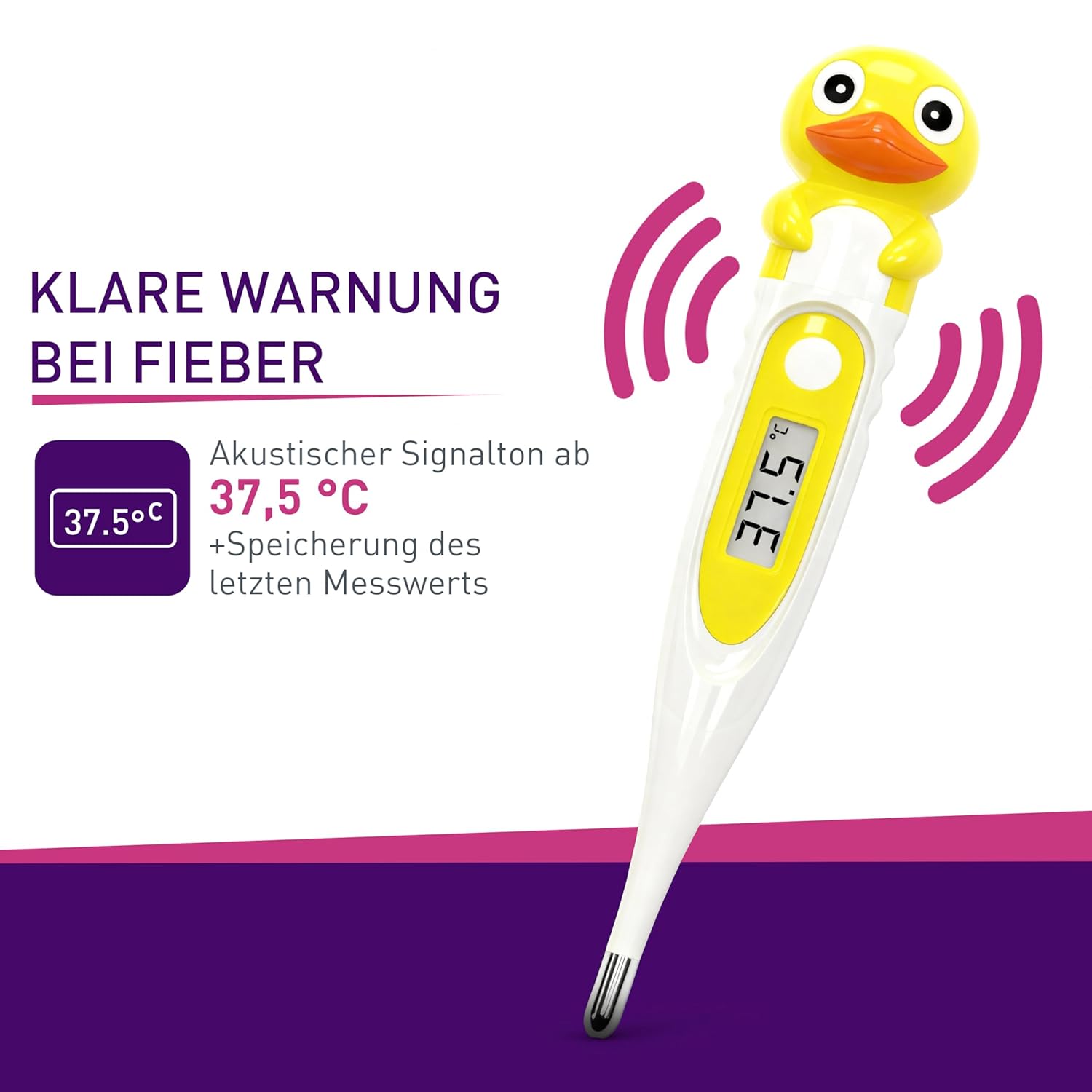 scala SC 44 flex Digitales Fieberthermometer Baby & Kinder – 10 Sekunden Messzeit, flexible Spitze, Fieberalarm, wasserdicht – oral, rektal & axillär – Entenmotiv – Bild 4
