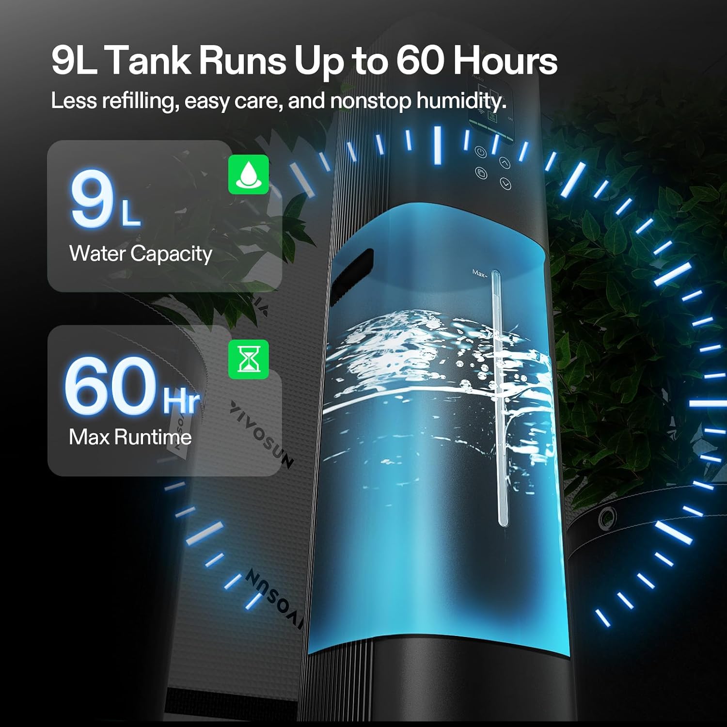 VIVOSUN Pflanzenbefeuchter, 9 l, intelligenter Luftbefeuchter für Pflanzen, intelligente Fernbedienung, VPD-Steuerung, AeroStream H09, 360° kühler Nebel, 60 Stunden, langlebiger Ultraschall-Luftbefeuchter mit Top-Füllung, entwickelt für Wachstumszelte – Bild 5
