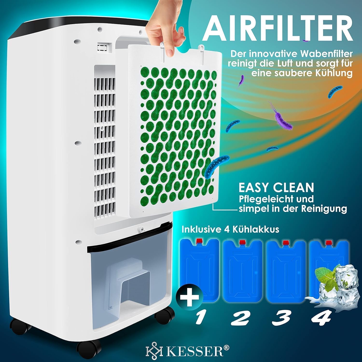 KESSER® Mobile Klimaanlage 4in1 Luftkühler – Air Cooler mit Fernbedienung & Timer, 10L Wassertank, Ionisator & Luftbefeuchter, Ventilator Klimagerät ohne Abluftschlauch, 3 Stufen inkl. Kühlakkus – Bild 4