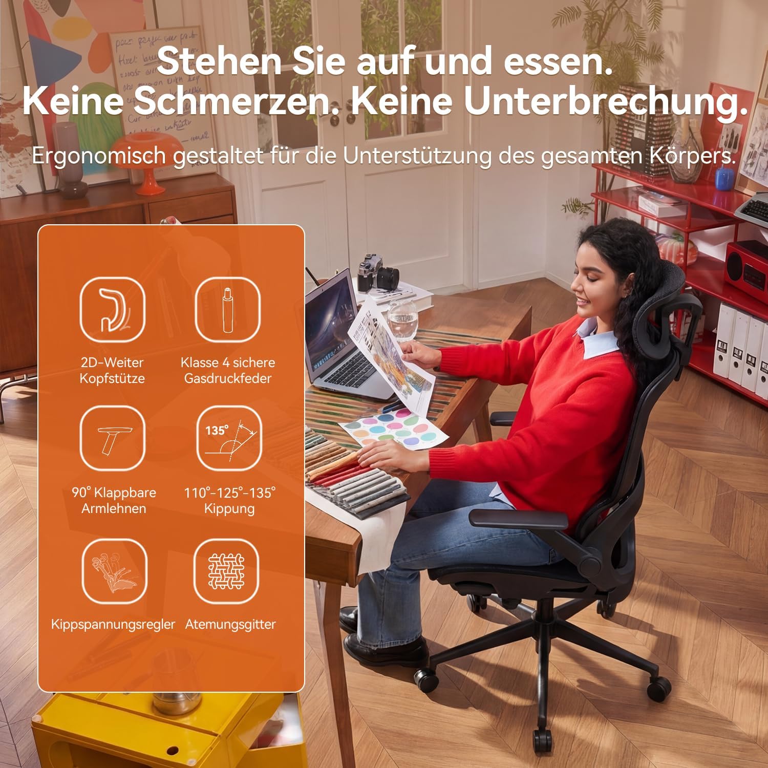 SIHOO Ergonomischer Bürostuhl, Schreibtischstuhl mit dynamischer 4D-Lendenwirbelstütze, breiter Kopfstütze und klappbaren Armlehnen, 90–135° neigbar, Schwarz – Bild 4