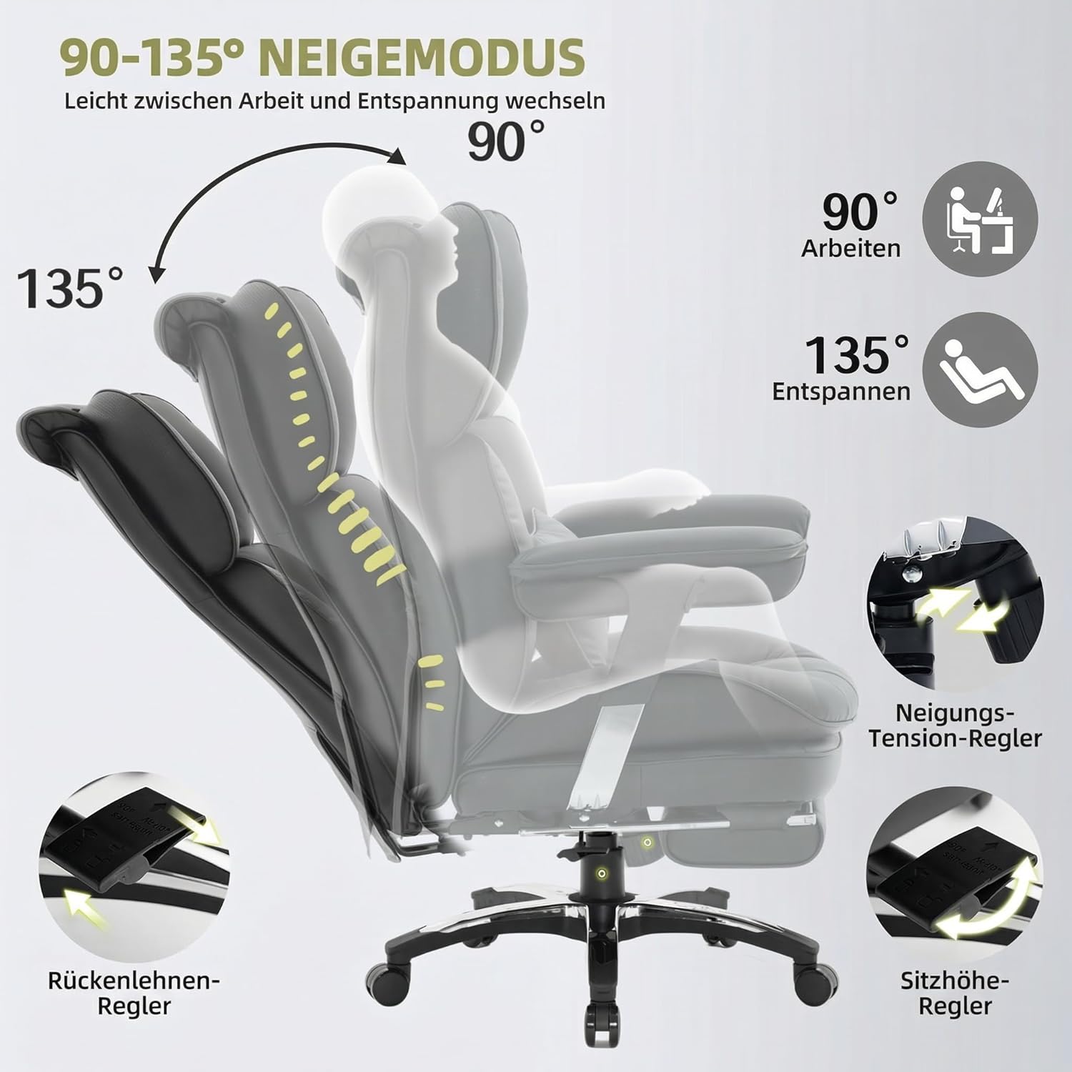 Efomao Bürostuhl, Ergonomischer Gaming-Stuhl mit Kopfstützen-Design (XX), Gamer-Stuhl PU-Leder bis 200 kg mit Fußstütze und Lendenkissen, höhenverstellbarer Schreibtischstuhl – Bild 5