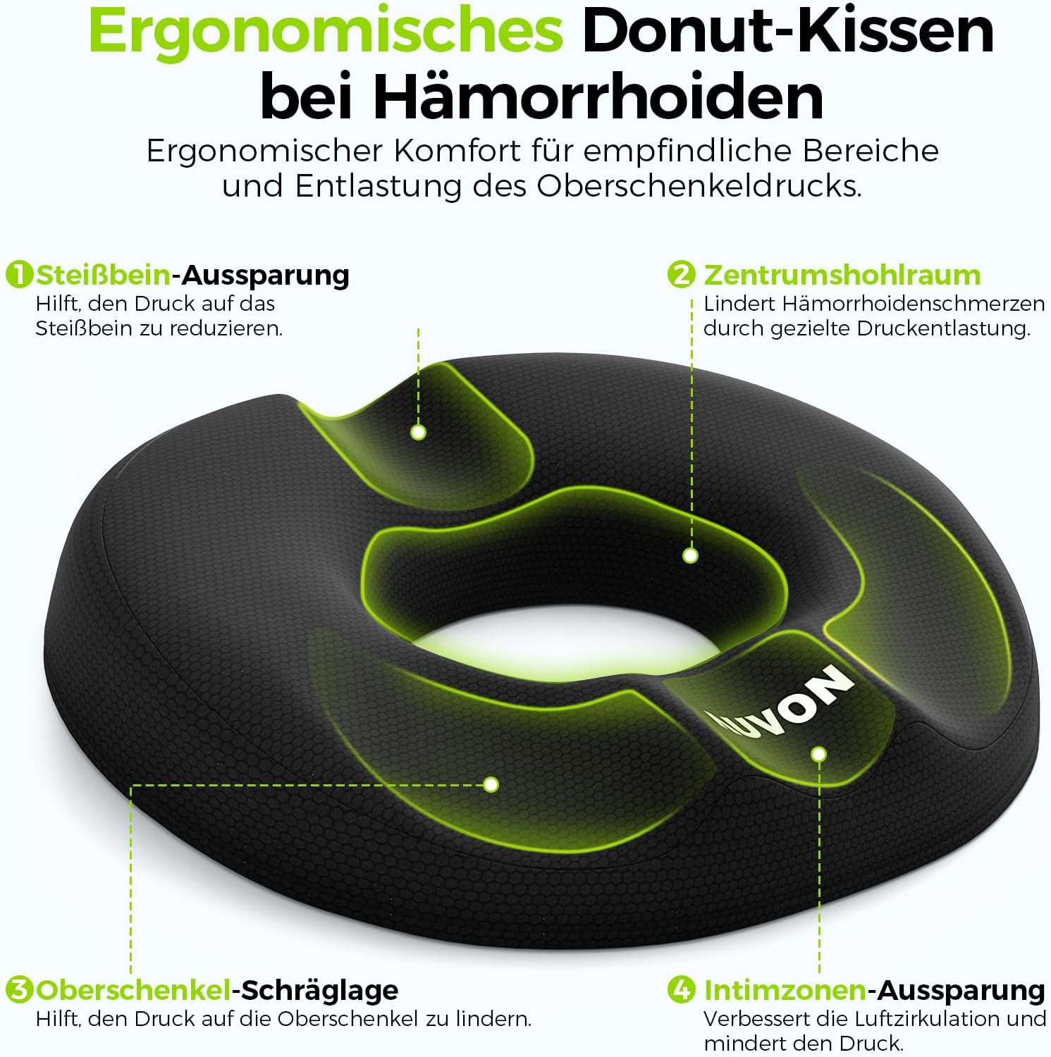 AUVON Orthopädisches rundes Sitzkissen mit doppelter U-Form und Oberschenkel-Entlastungsschräge, Hämorrhoiden-Sitzkissen, Bürostuhl, Auto, Sitzring erhöht den Sitzkomfort, fördert die Durchblutung, entlastet das Steißbein – Bild 2