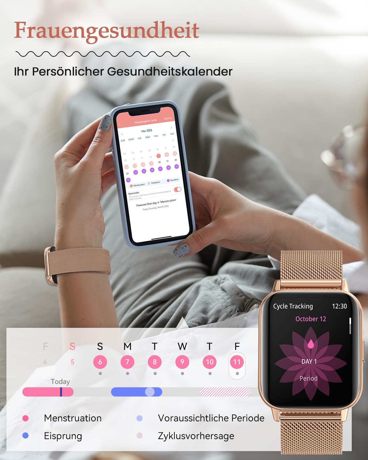 2026 Damen Smartwatch 1,85 Zoll AMOLED Fitness Tracker mit Telefonfunktion Menstruationszyklus Herzfrequenz Schlafmonitor SpO2 113+ Sportmodi Sportuhr 5ATM Schrittzähler Kalorien iOS Android Roségold – Bild 4
