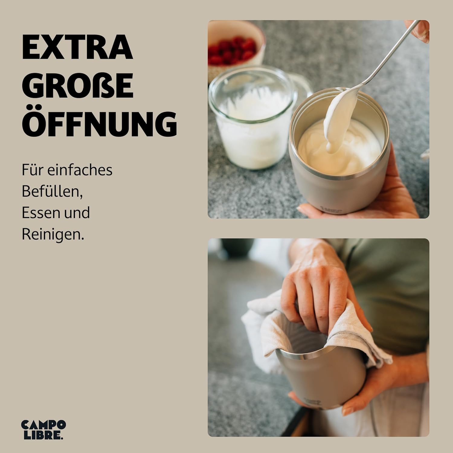Campo Libre. Lotta, Thermobehälter für Lebensmittel, Edelstahl-Thermobecher Essen mit Löffel, Warmhaltebehälter, Müslibecher oder Babybrei, Warmhaltebox, Thermo-Speisebehälter, grün, 600 ml – Bild 9