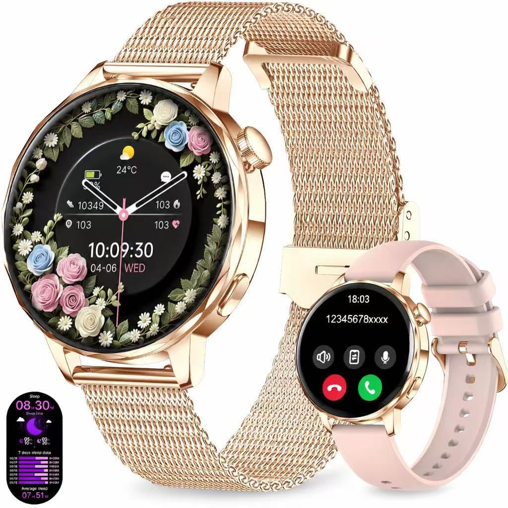 Efolen Damen Runde Smartwatch 1,27 Zoll HD Smartwatch mit Telefonfunktion, 120+ Sportmodi, IP68 wasserdichte Fitnessuhr mit Herzfrequenz-SpO2-Schlafmonitor, Fitness-Tracker für Android iOS Roségold