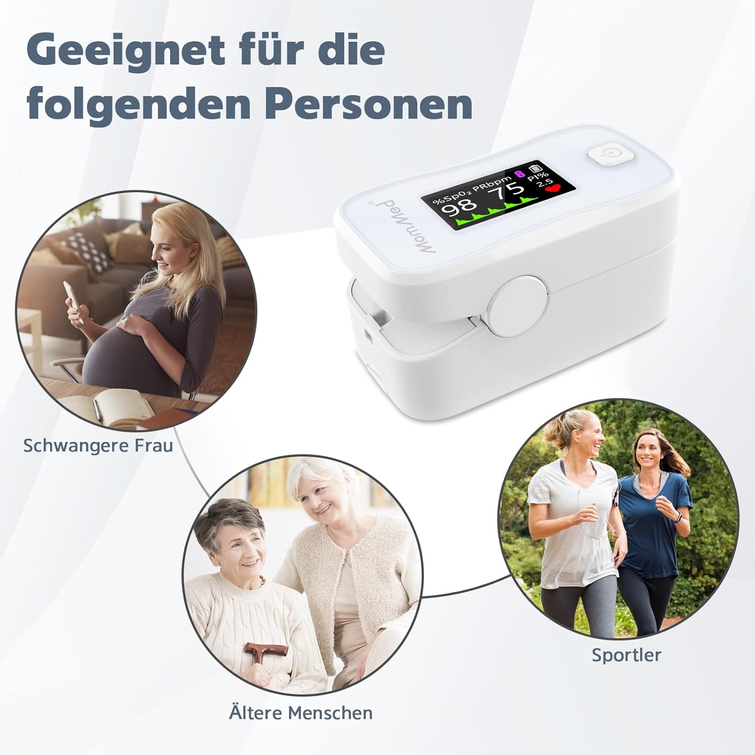 MOMMED Pulsoximeter mit Display – Sauerstoffsättigung (SpO2), Pulsfrequenz (PR) und Perfusionsindex (PI) – Fingeroximeter für Erwachsene und Kinder – präzise und tragbar für Sport, Fitness, Reisen – Bild 7