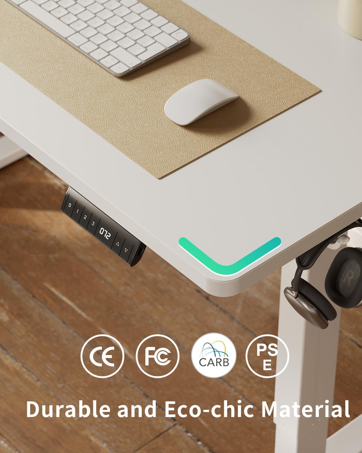 FEZIBO Höhenverstellbarer Schreibtisch, einteilige Tischplatte, 120 x 60 cm, höhenverstellbar mit USB-A- und USB-C-Ladeanschlüssen, Stehsitztisch für Home Office, Stehschreibtisch, Weiß – Bild 7