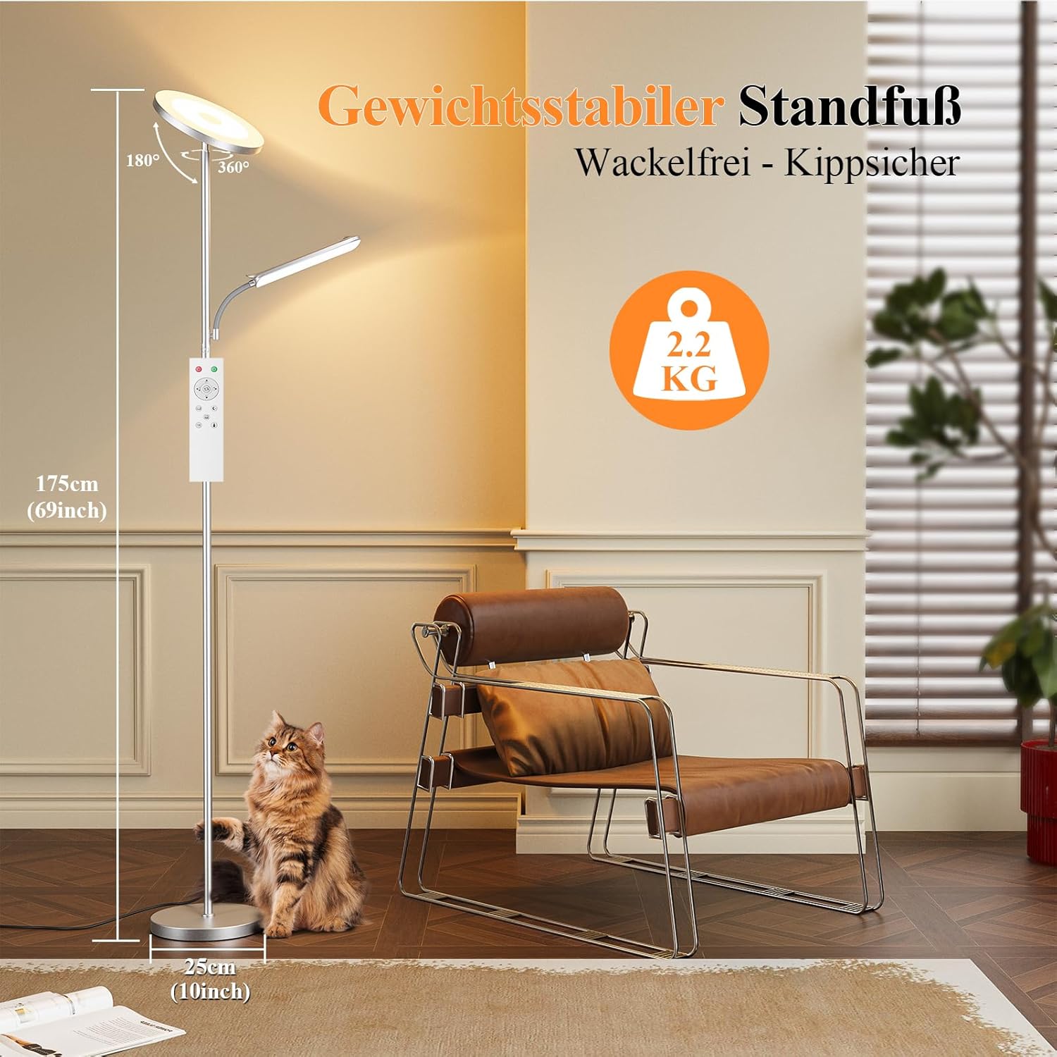 Wohnzimmer-Stehlampe, 42 W Deckenfluter mit Leselampe, 4200 LM LED-Stehlampe, dimmbar mit 2700 K-6500 K Farbtemperatur, moderne Stehlampe mit Fernbedienung und Touch-Steuerung – Bild 8