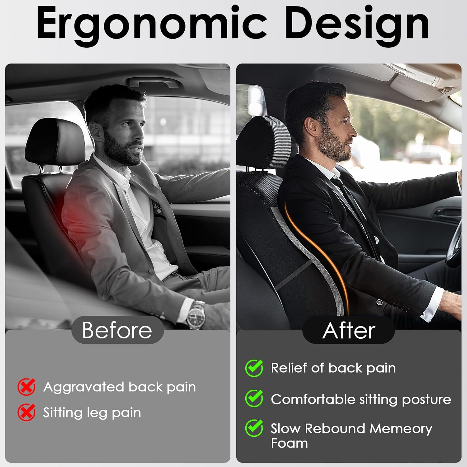 Auto-Lendenkissen, Memory-Schaum-Lendenwirbelstützkissen, Autositz-Rückenkissen, ergonomisches Rückenkissen für Auto, Zuhause, Büro, Rollstuhl, Grau – Bild 5