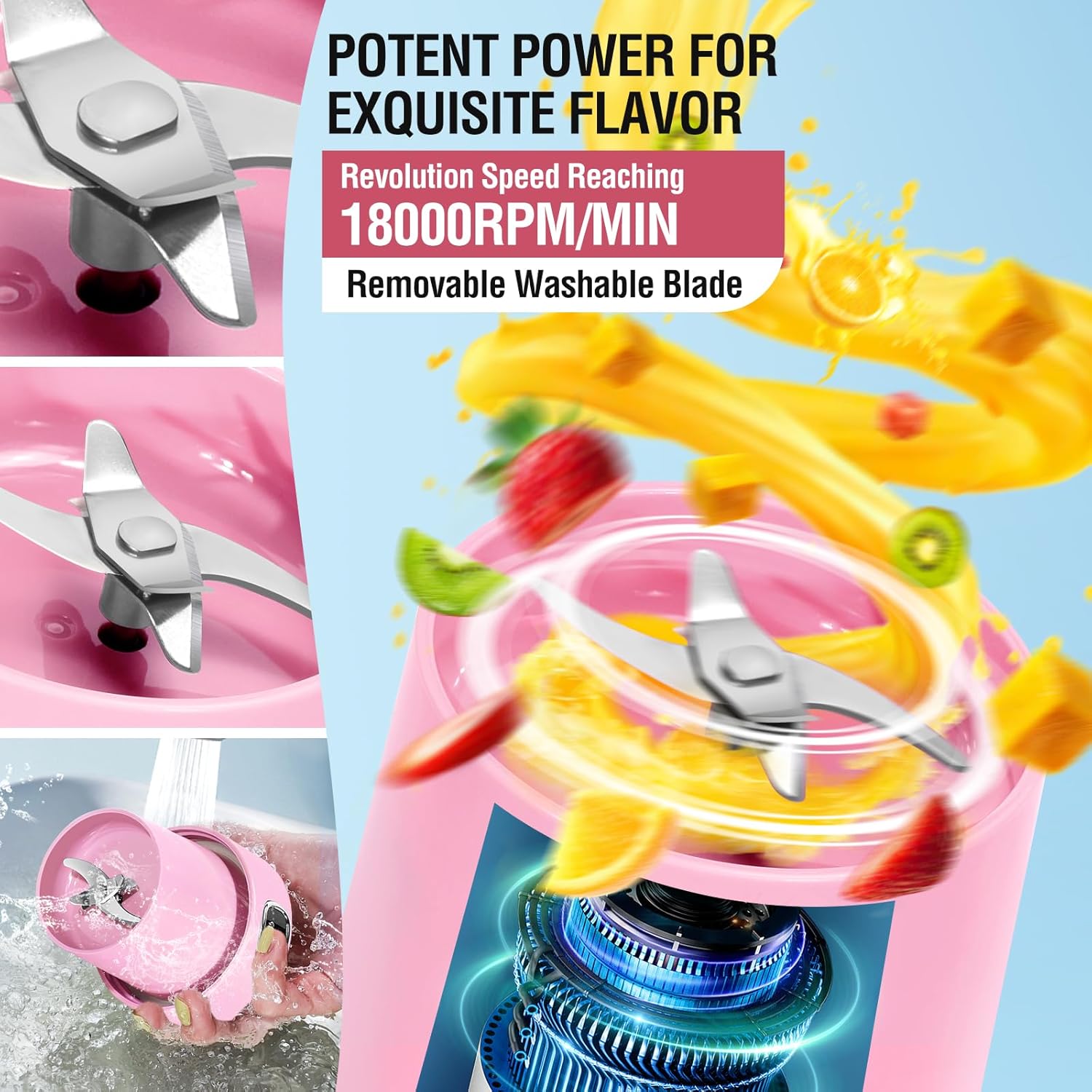 Spardar 350 ml tragbarer Mixer, Smoothie-Maker mit 6 Klingen, intelligentes LED-Display, wiederaufladbarer USB-Mixer, Tragegurt, zerkleinert Eis und gefrorene Früchte, Reisen und Arbeit, Pink – Bild 3
