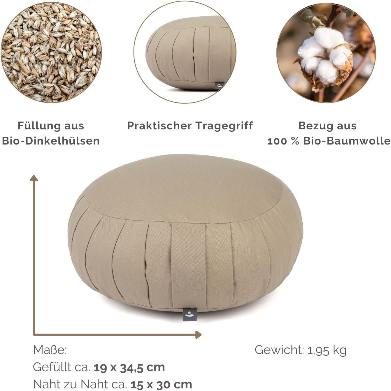 Bodhi Zafu Eco Meditationskissen, klassisches traditionelles Yogakissen rund mit Dehnfalten, Bezug aus 100 % Bio-Baumwolle, hohes Yoga-Sitzkissen mit Bio-Dinkelfüllung, Sitzhöhe 19 cm – Bild 3