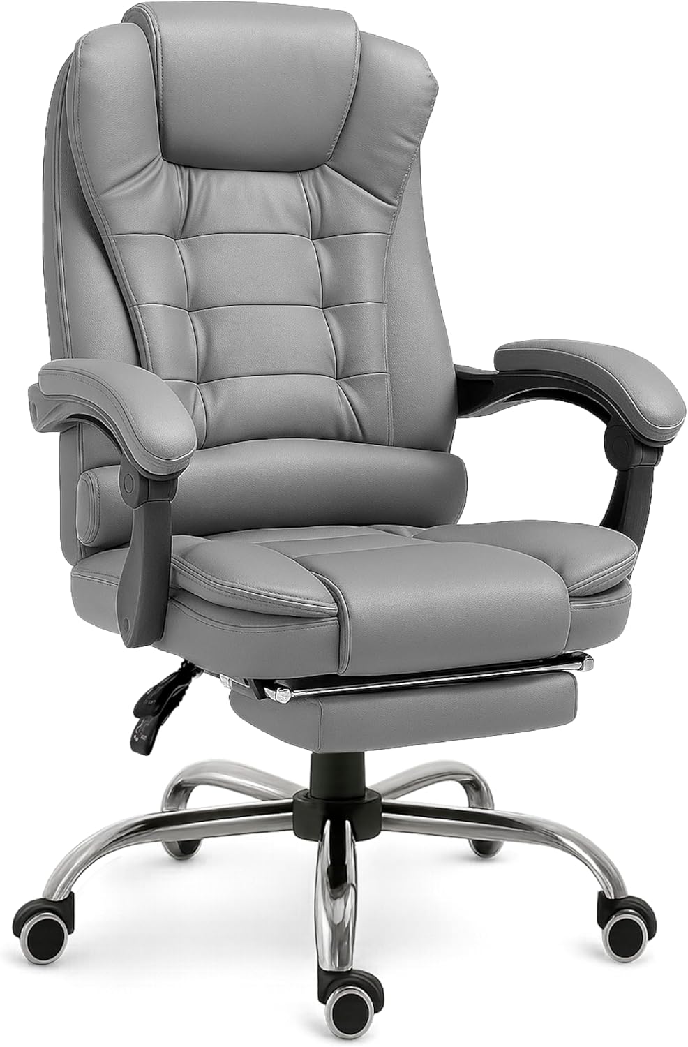 RMF Ergonomischer Profi-Bürostuhl, neigbarer, bequemer und entspannender Schreibtischstuhl mit Fußstütze, Liegestuhl mit drehbaren Rädern, höhenverstellbar, Grau
