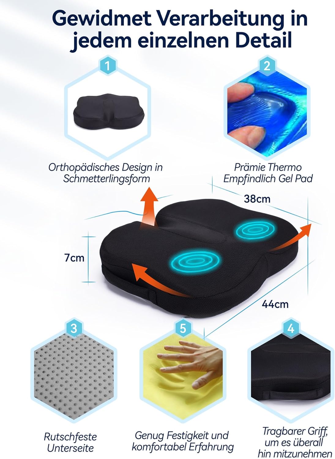 Travel Ease Ergonomisches Sitzkissen, Premium-Gel-Memory-Schaum-Sitzpolster mit rutschfester Unterseite für langes Sitzen, Hüftstützkissen für Bürostuhl, Autositz, Gaming-Stuhl (schwarz) – Bild 5