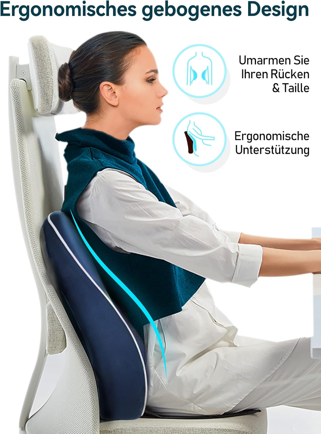 Travel Ease Ergonomisches Memory Foam Rückenkissen, Lendenkissen für Bürostuhl, Schreibtischstuhl, mit antistatischem, hautfreundlichem Bezug und für eine bequeme Sitzhaltung (Dunkelblau) – Bild 3