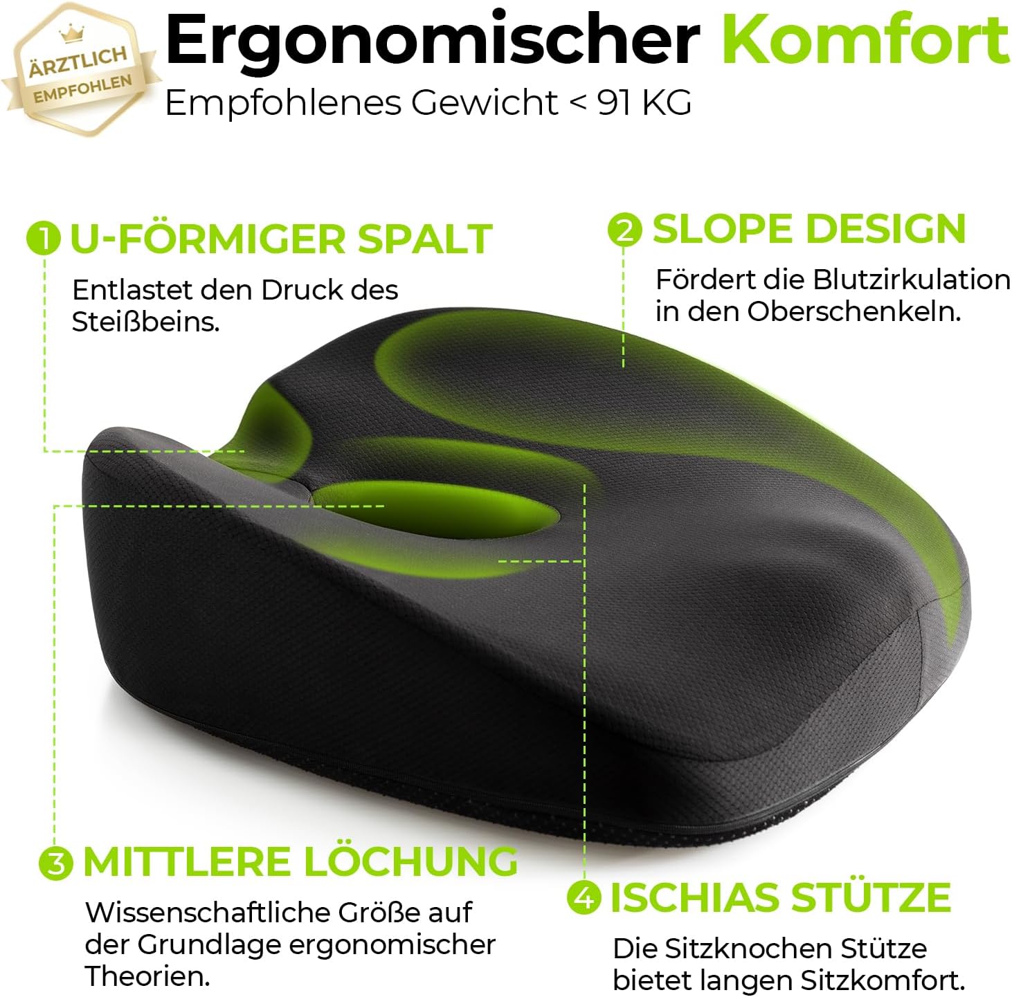 AUVON Sitzkissen, orthopädisches, ergonomisches Hämorrhoiden-Sitzkissen mit Loch und U-förmigem Design, Steißbeinkissen, Sitzring, Steißbein entlastet und erhöht den Sitzkomfort für Bürostuhl, Auto, Ischias, Schwangerschaft – Bild 3