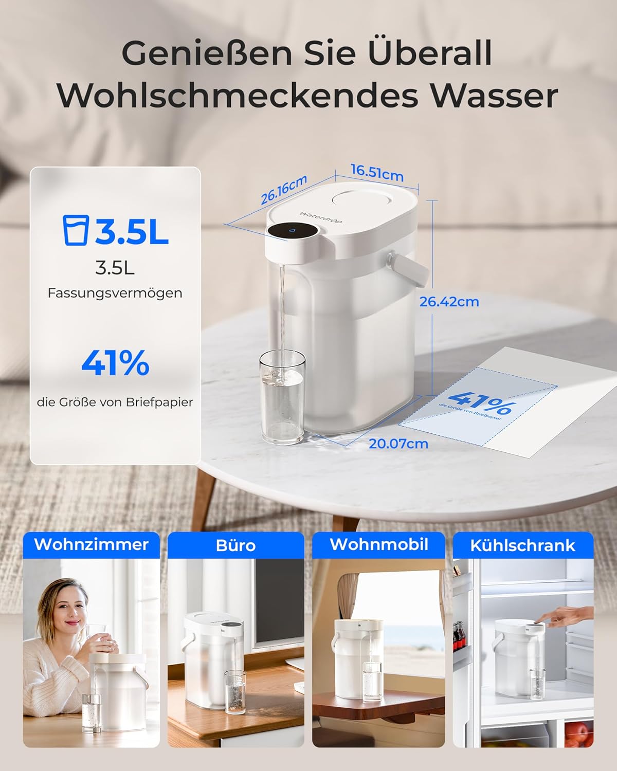 Waterdrop WD-ED11W wiederaufladbarer elektrischer Wasserfilterkrug, 3,5 l Wasserenthärter, Kalkfilter, 3 Monate haltbar, sofortiger Wasserfilterspender, reduziert Kalzium, Magnesium und 70 Schadstoffe – Bild 9