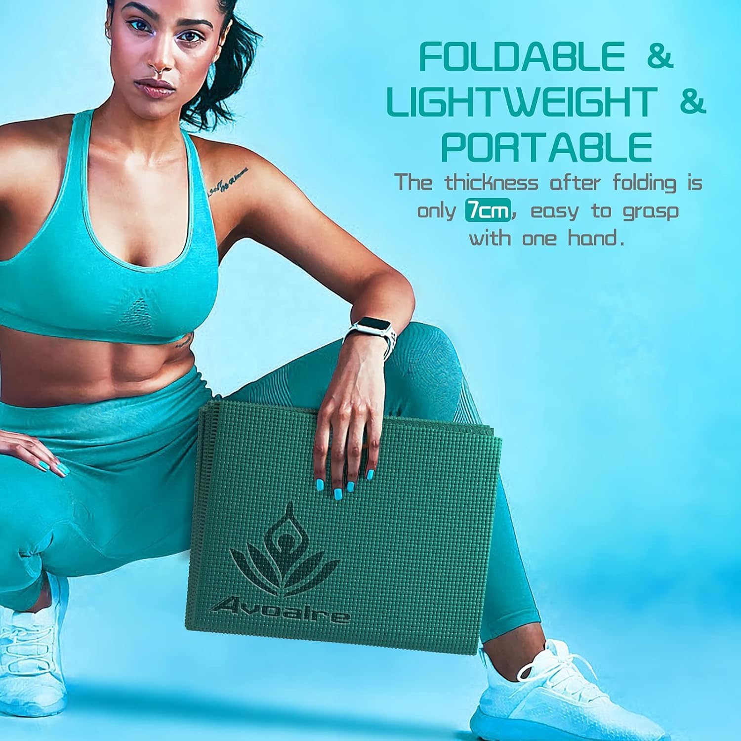 Avoalre Yogamatte rutschfest,173 X 61CM Tragbare Trainingsmatte 5MM,Reise Yogamatte faltbar Gymnastikmatte, ideal für Reise,Yoga, Pilates & Workout – Bild 2