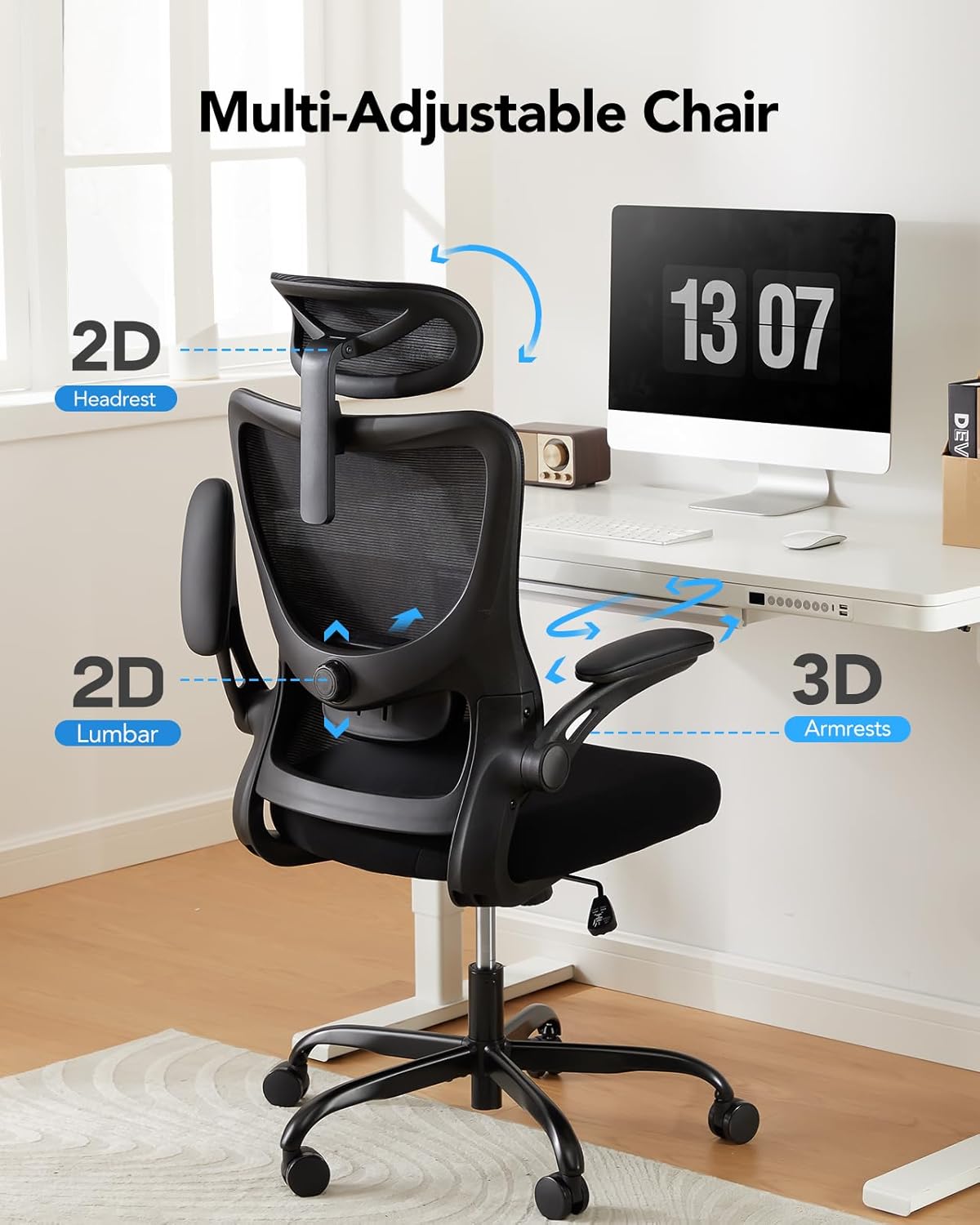 HUANUO Ergonomischer Bürostuhl, Ergonomischer Schreibtischstuhl mit verstellbarem Lendenwirbel- und Kopfstütze, komfortabler Gaming Stuhl mit 3D-Armlehnen, Homeoffice-Bürostuhl, maximale Last 136 kg – Bild 3
